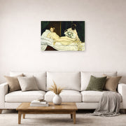 Unframed poster print of Edouard Manet's 'Olympia 1863' displayed on a wall in a living room