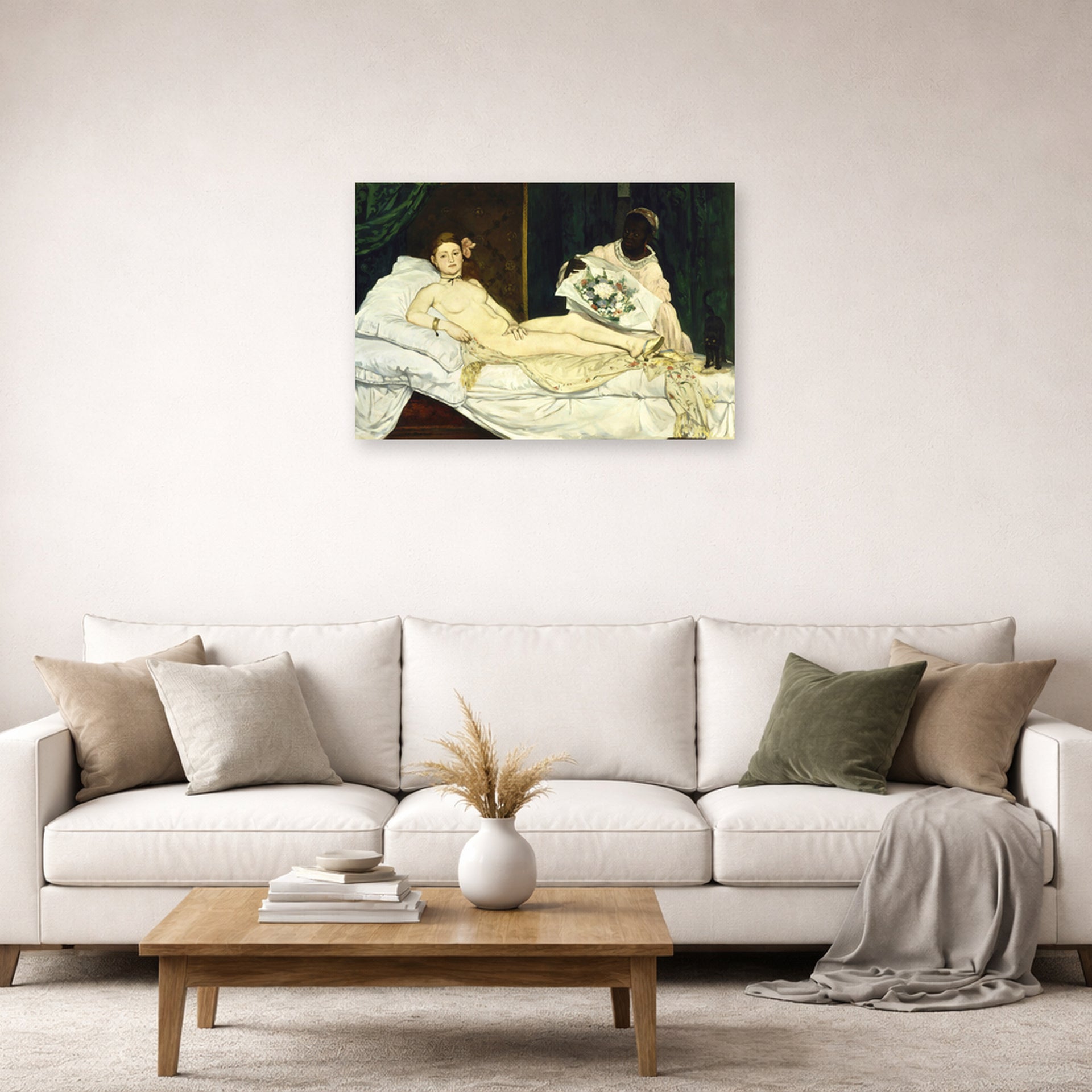 Unframed poster print of Edouard Manet's 'Olympia 1863' displayed on a wall in a living room