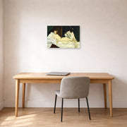 Unframed poster print of Edouard Manet's 'Olympia 1863' displayed on a wall in a home office