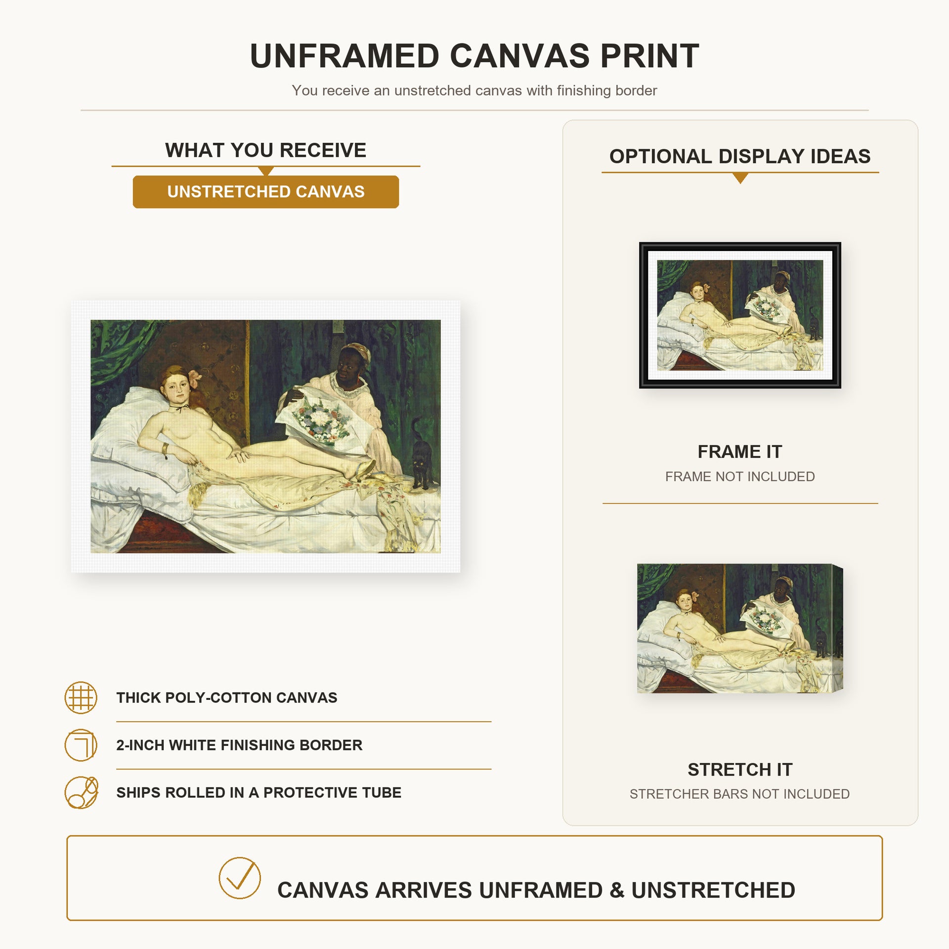Edouard Manet - Olympia canvas print size comparison and framing display infographic