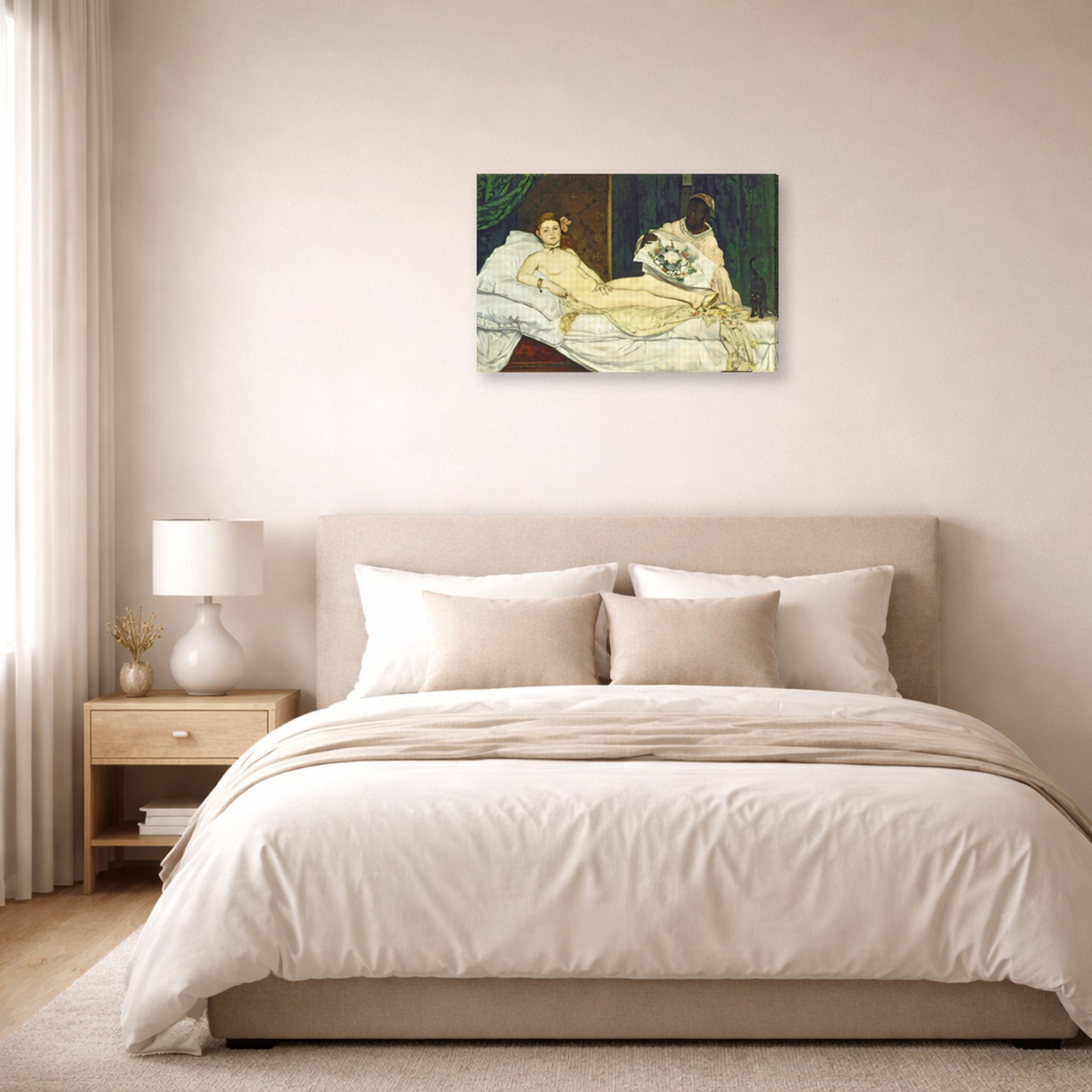 Gallery-wrapped canvas print of Edouard Manet's 'Olympia' displayed on a wall in a bedroom