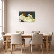 Gallery-wrapped canvas print of Edouard Manet's 'Olympia' displayed on a wall in a dining room