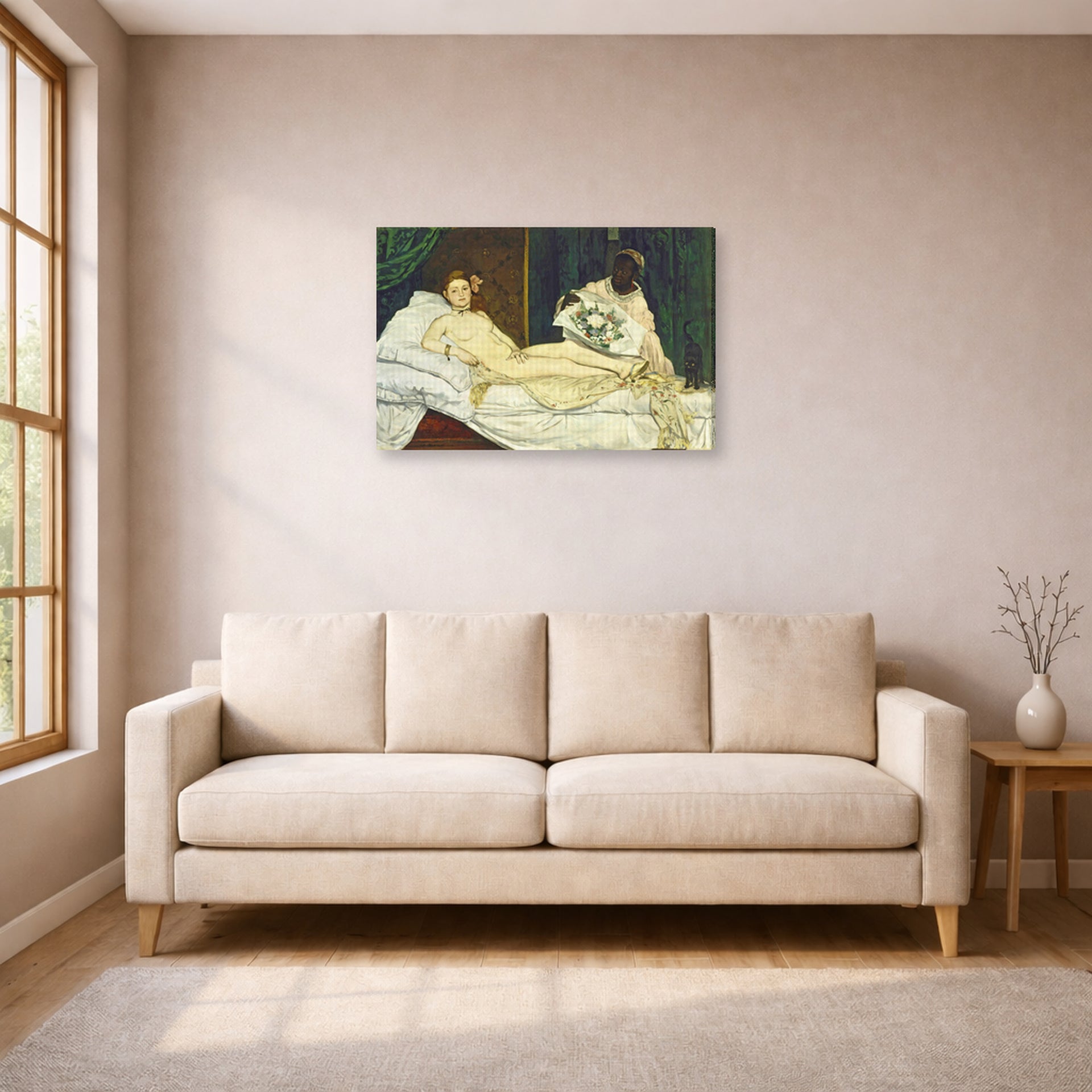 Gallery-wrapped canvas print of Edouard Manet's 'Olympia' displayed on a wall in a living room