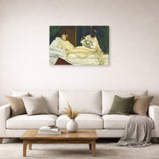 Gallery-wrapped canvas print of Edouard Manet's 'Olympia' displayed on a wall in a living room