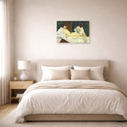 Unframed poster print of Edouard Manet's 'Olympia' displayed on a wall in a bedroom