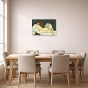Unframed poster print of Edouard Manet's 'Olympia' displayed on a wall in a dining room