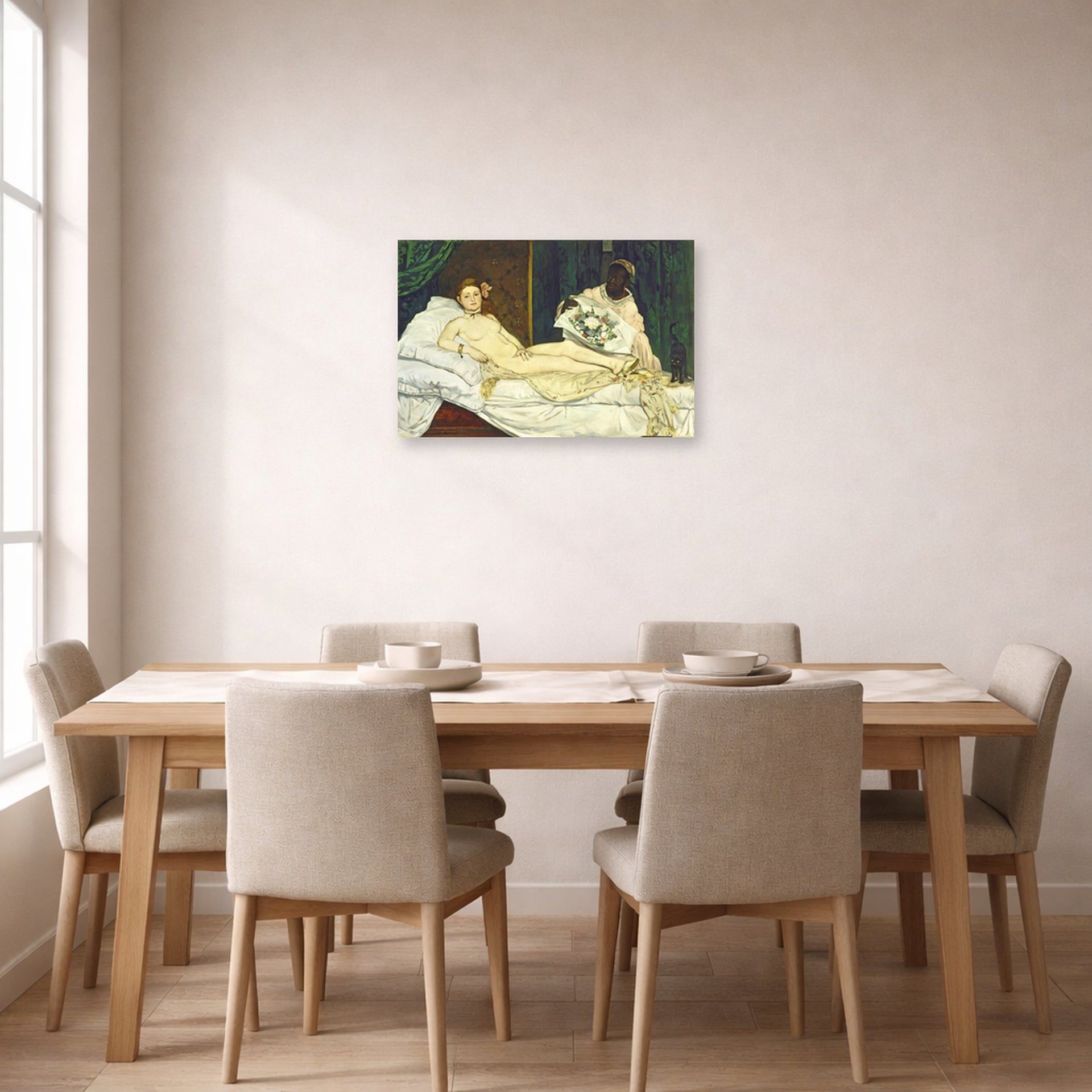Unframed poster print of Edouard Manet's 'Olympia' displayed on a wall in a dining room