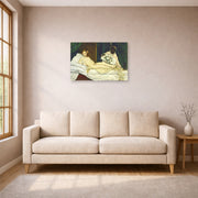 Unframed poster print of Edouard Manet's 'Olympia' displayed on a wall in a living room