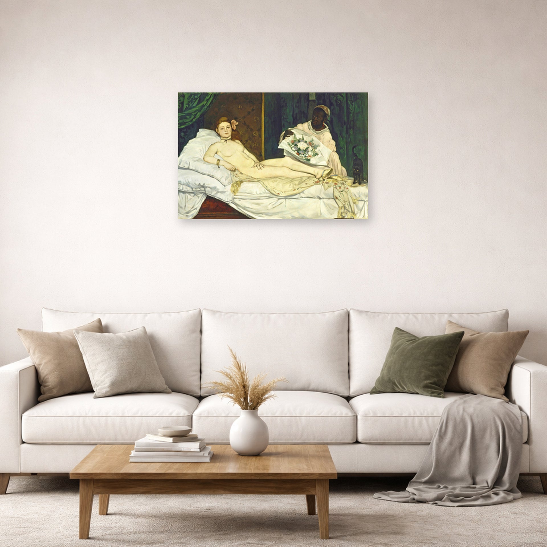 Unframed poster print of Edouard Manet's 'Olympia' displayed on a wall in a living room