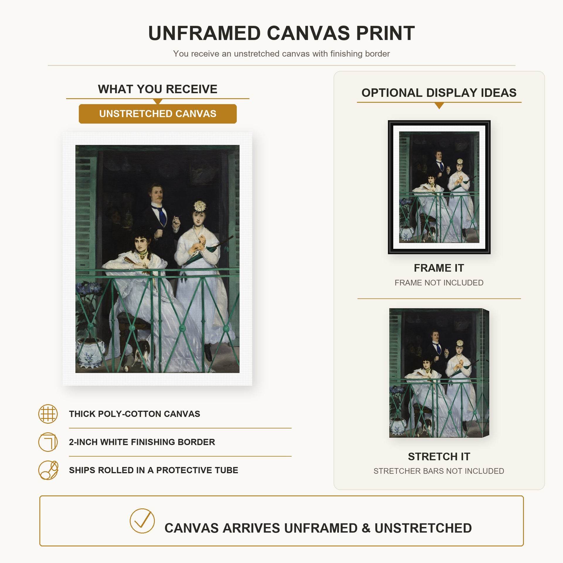 Edouard Manet - The Balcony, Musee d'Orsay canvas print size comparison and framing display infographic