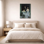 Gallery-wrapped canvas print of Edouard Manet's 'The Balcony, Musee d'Orsay' displayed on a wall in a bedroom
