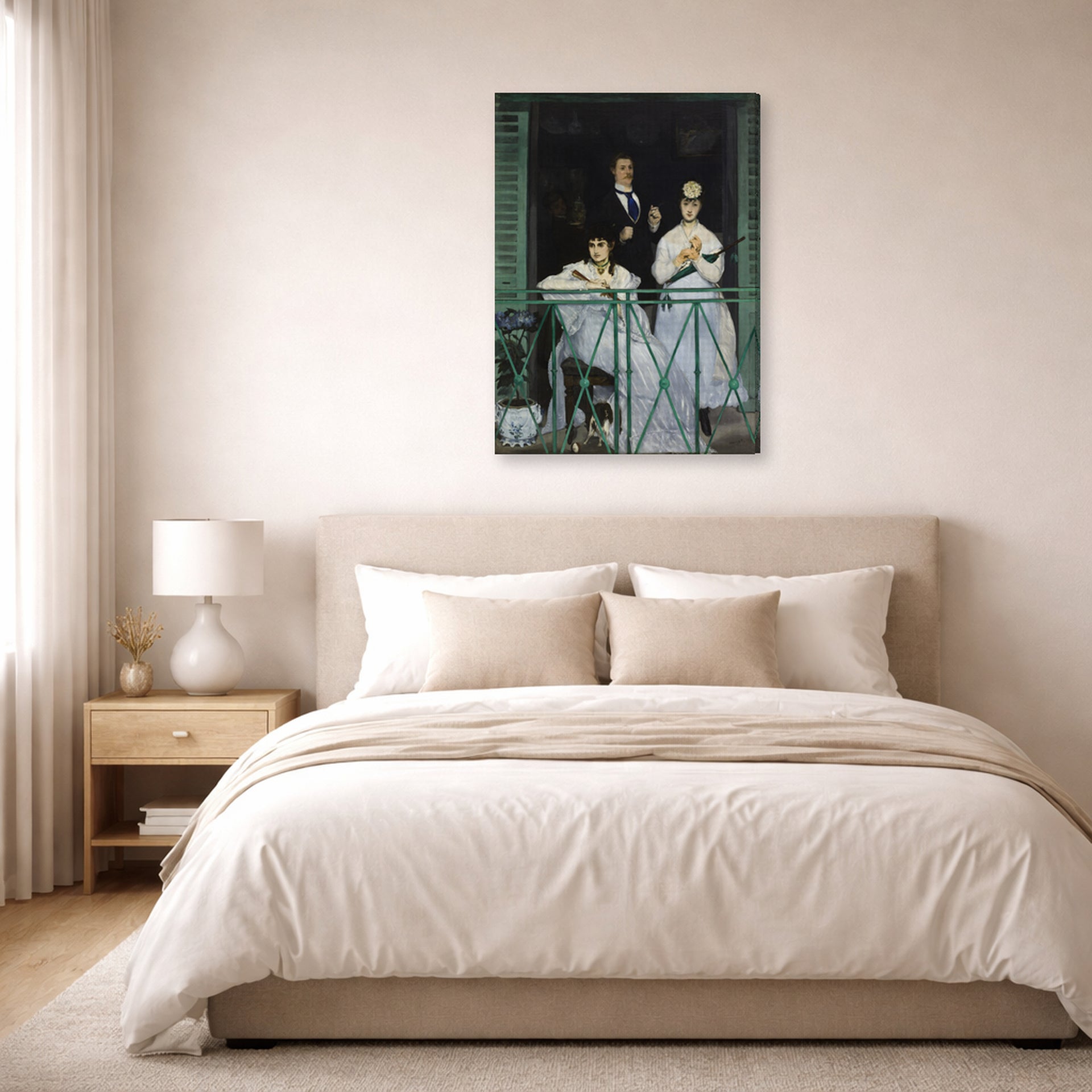Gallery-wrapped canvas print of Edouard Manet's 'The Balcony, Musee d'Orsay' displayed on a wall in a bedroom