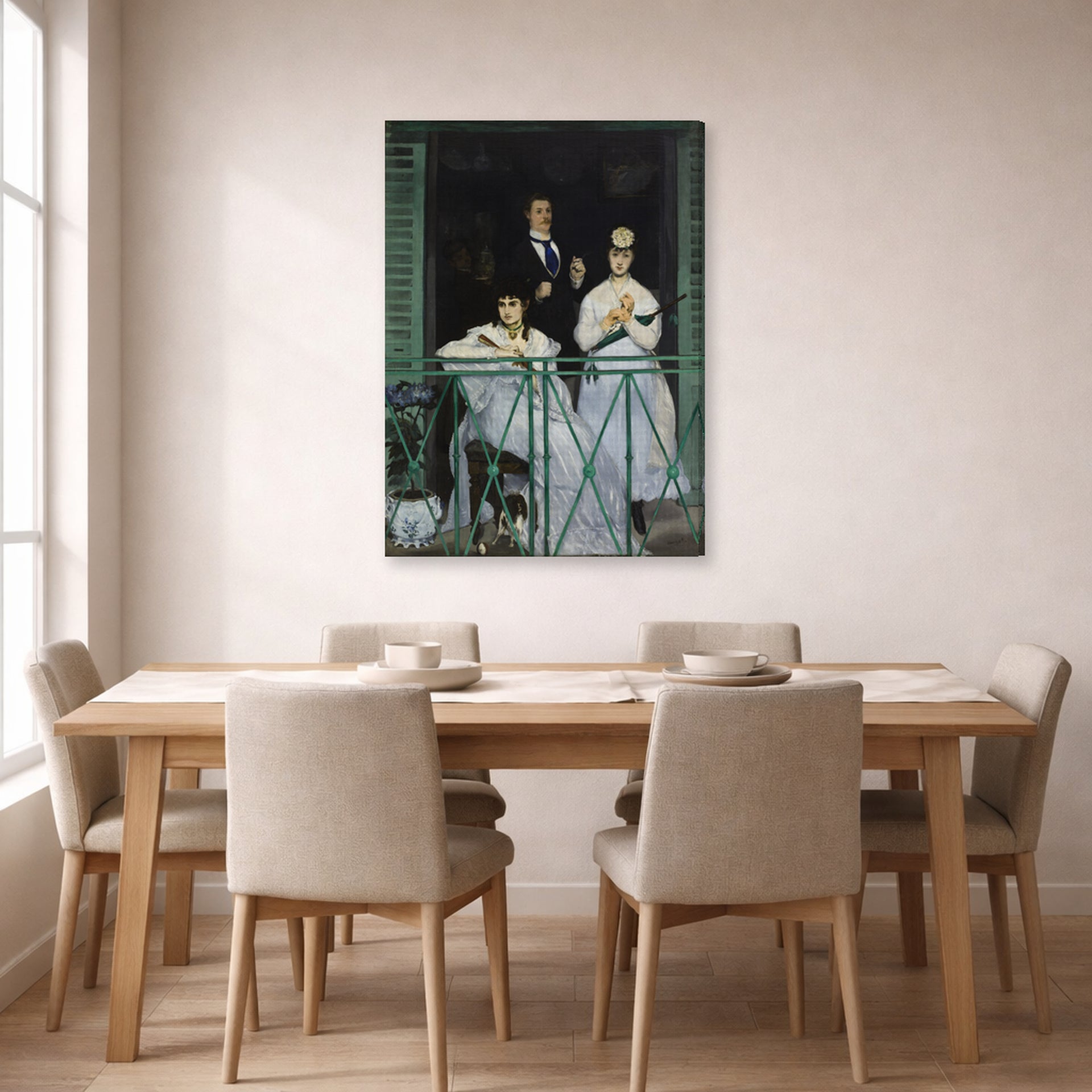 Gallery-wrapped canvas print of Edouard Manet's 'The Balcony, Musee d'Orsay' displayed on a wall in a dining room