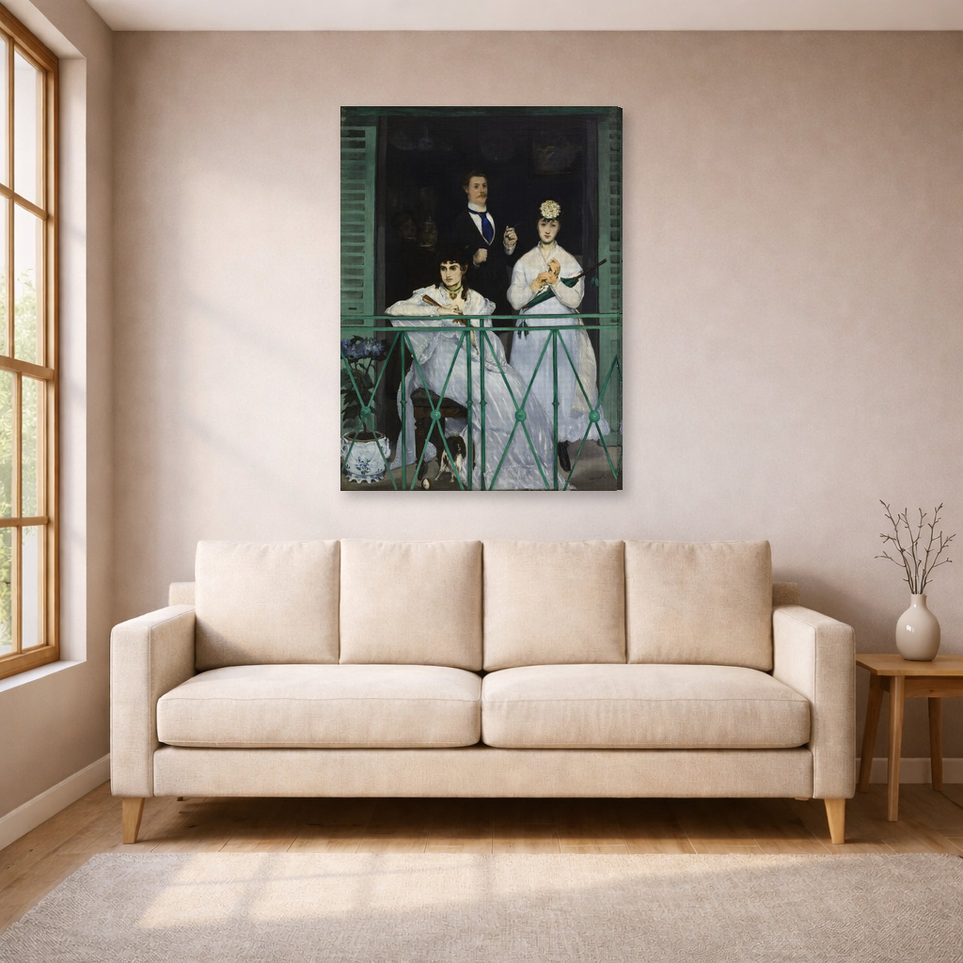 Gallery-wrapped canvas print of Edouard Manet's 'The Balcony, Musee d'Orsay' displayed on a wall in a living room