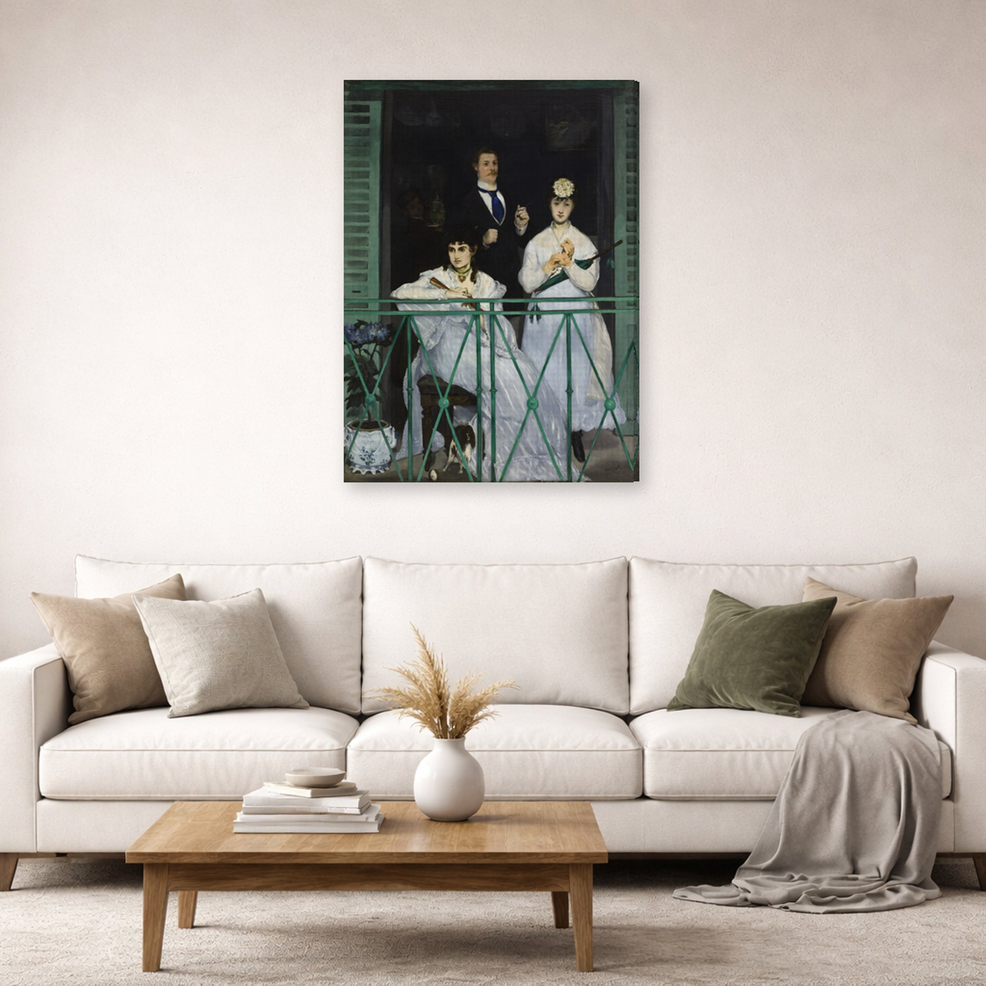 Gallery-wrapped canvas print of Edouard Manet's 'The Balcony, Musee d'Orsay' displayed on a wall in a living room