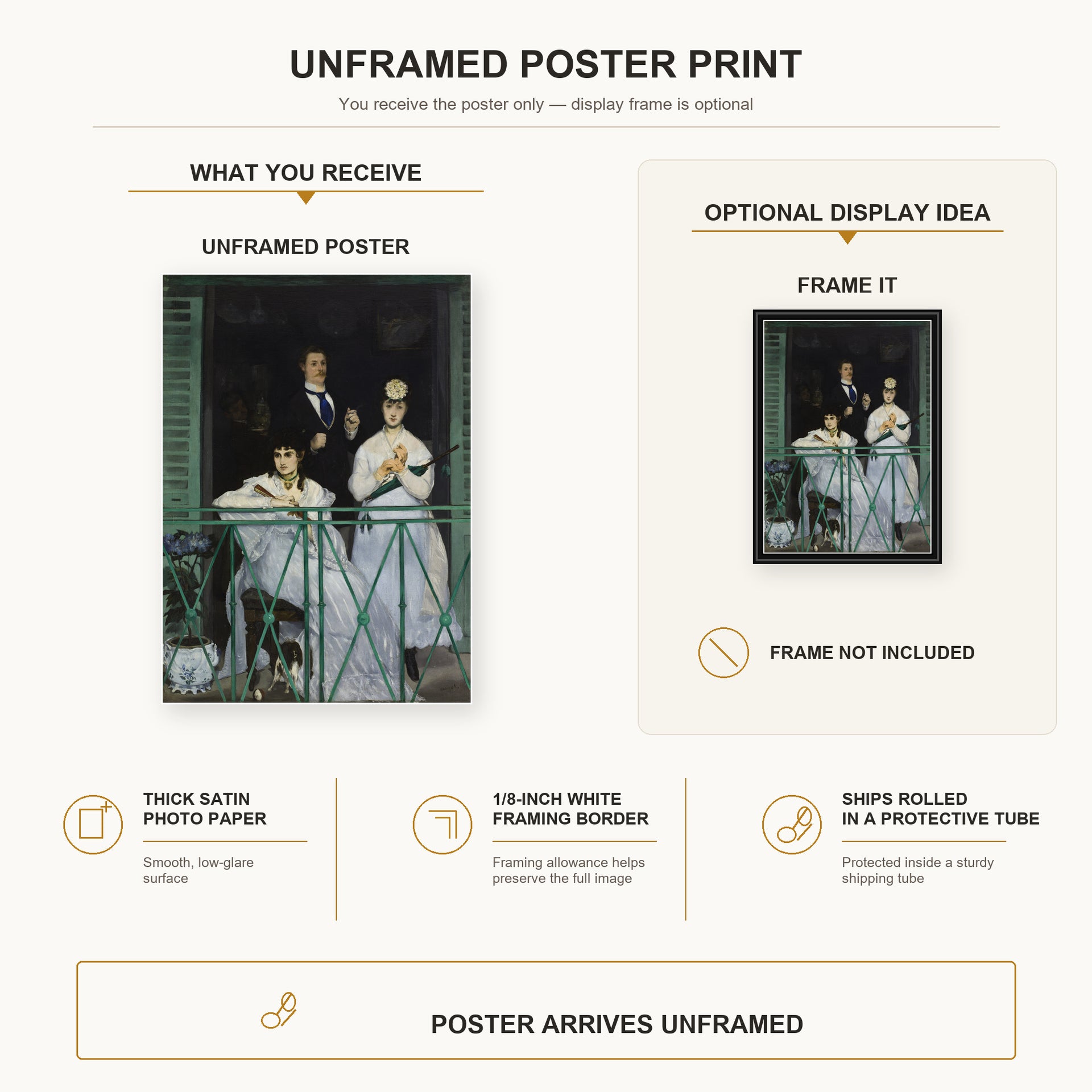 Edouard Manet - The Balcony, Musee d'Orsay poster print size comparison and framing display infographic