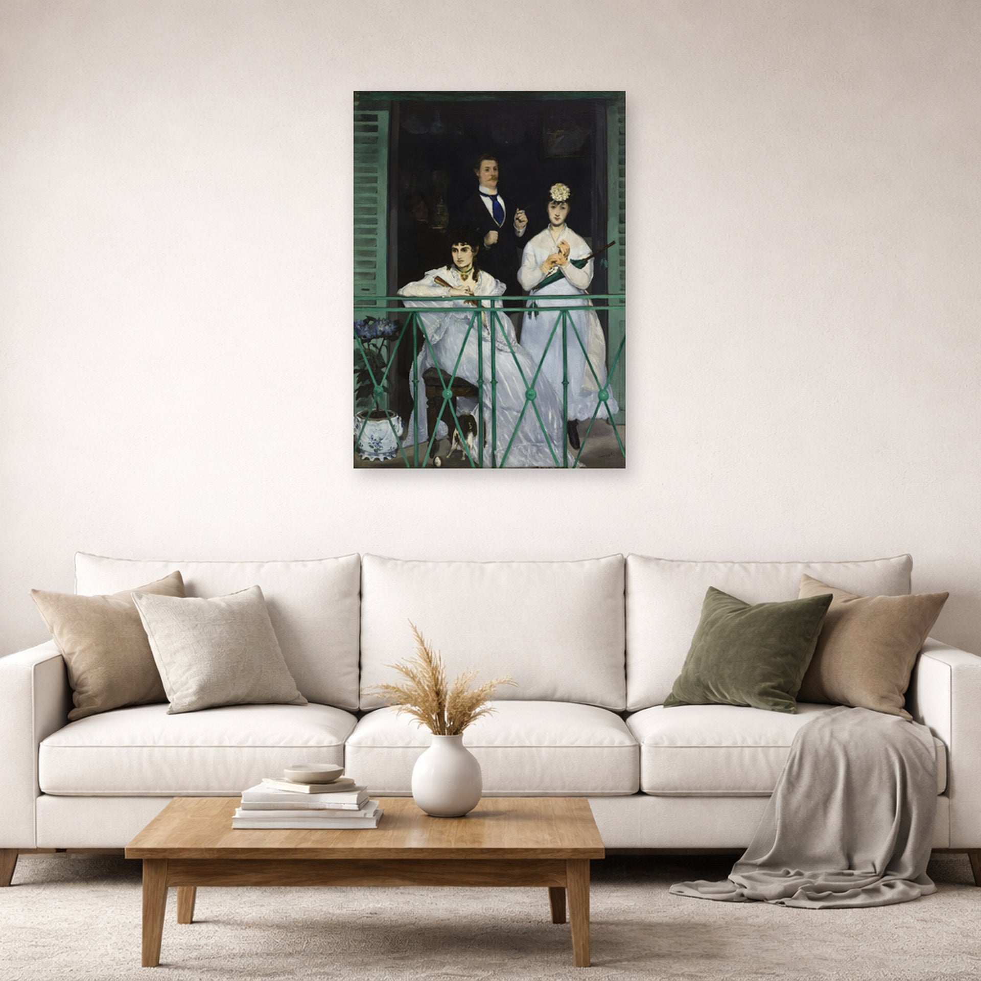 Unframed poster print of Edouard Manet's 'The Balcony, Musee d'Orsay' displayed on a wall in a living room