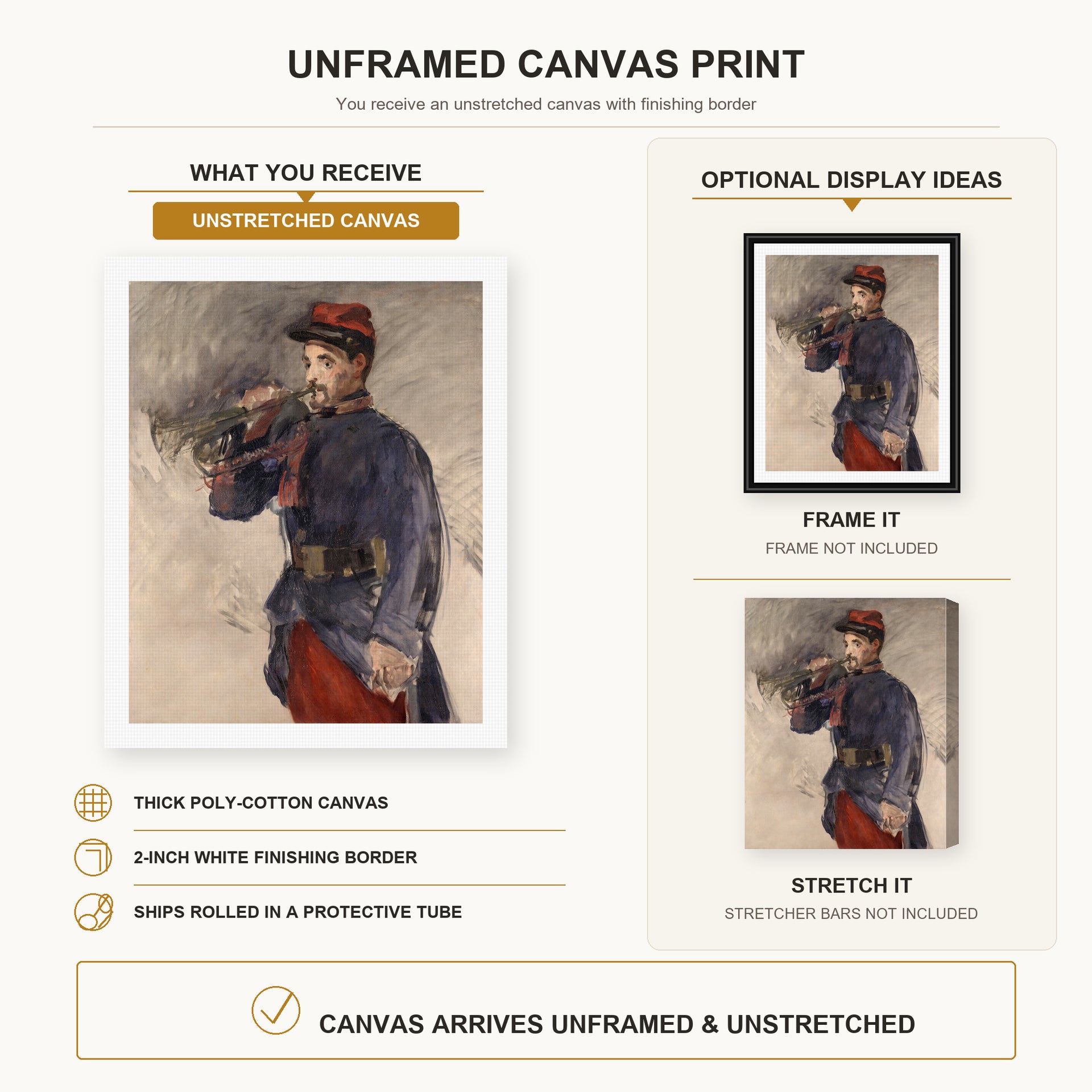 Edouard Manet - The Bugler canvas print size comparison and framing display infographic