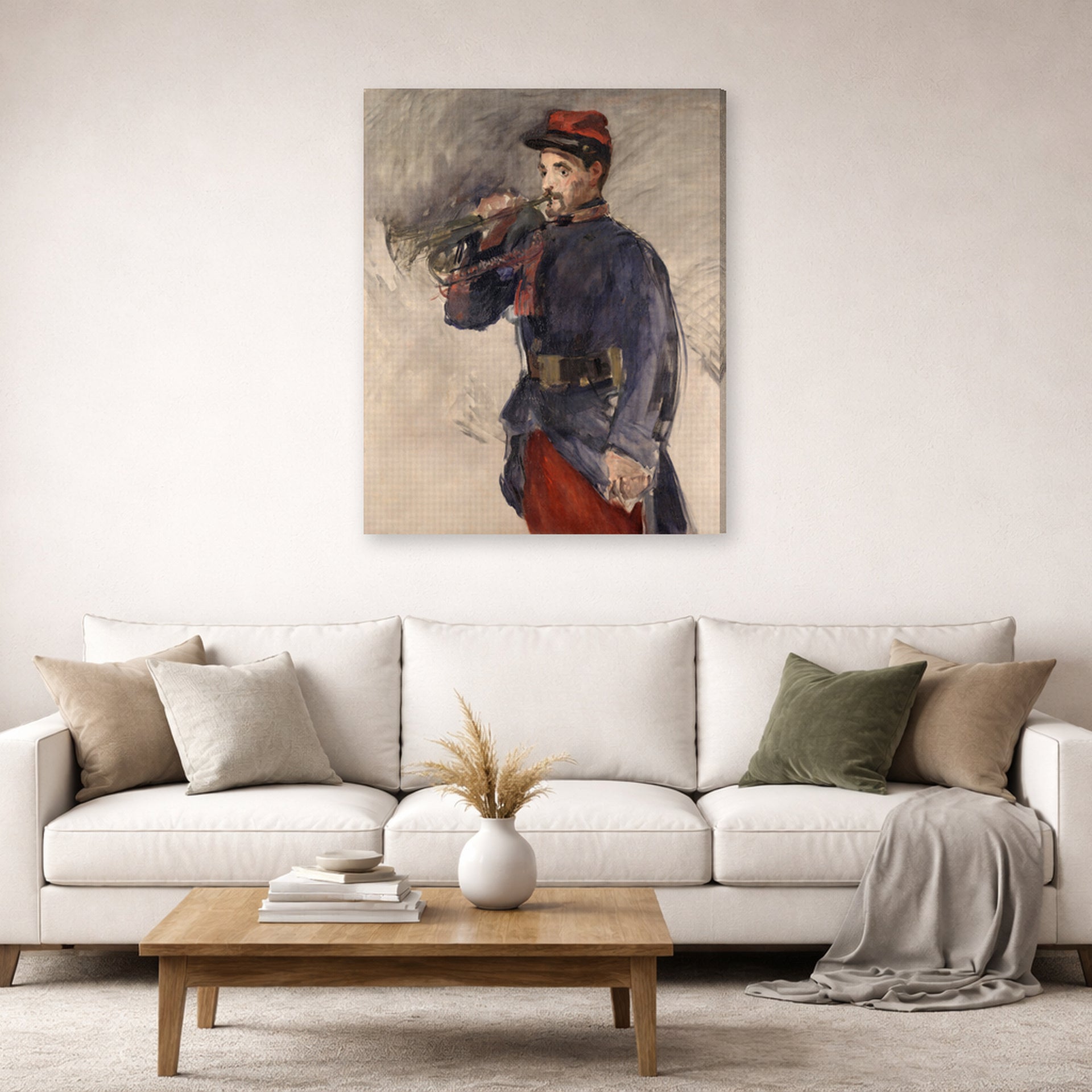 Gallery-wrapped canvas print of Edouard Manet's 'The Bugler' displayed on a wall in a living room
