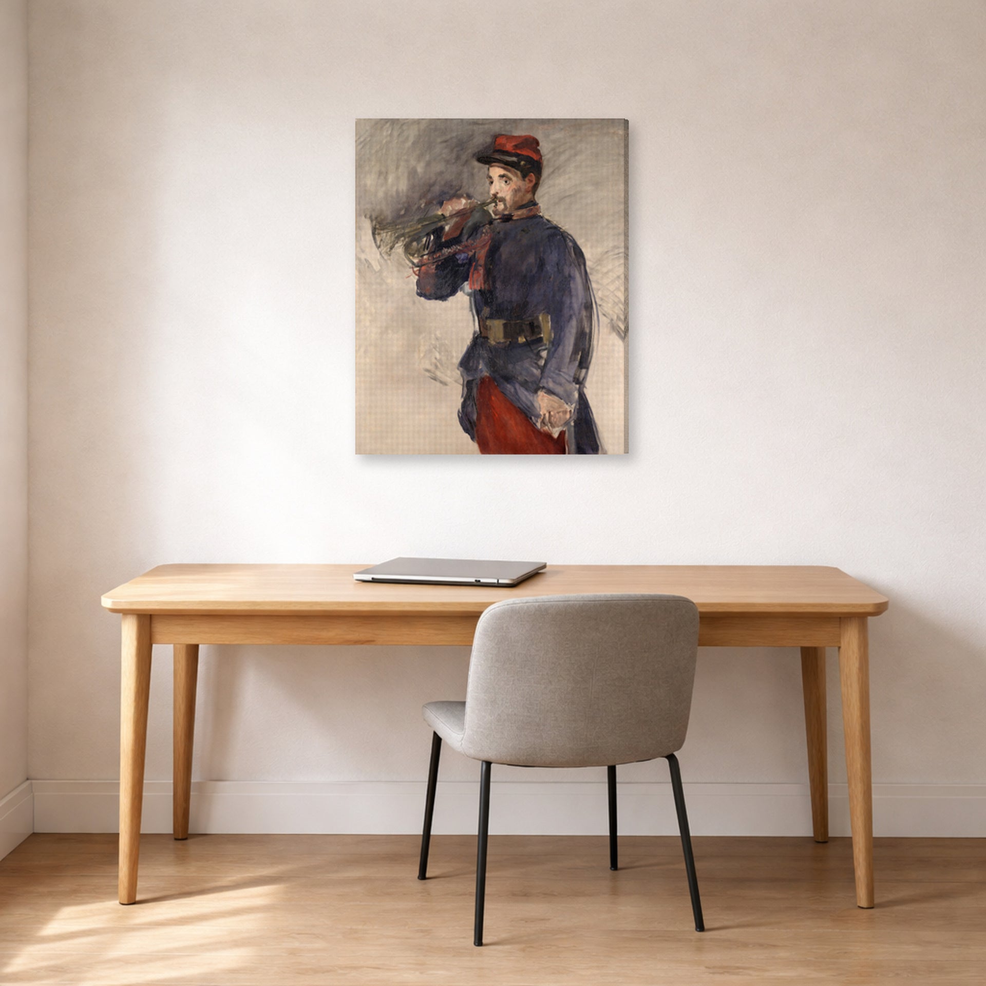 Gallery-wrapped canvas print of Edouard Manet's 'The Bugler' displayed on a wall in a home office