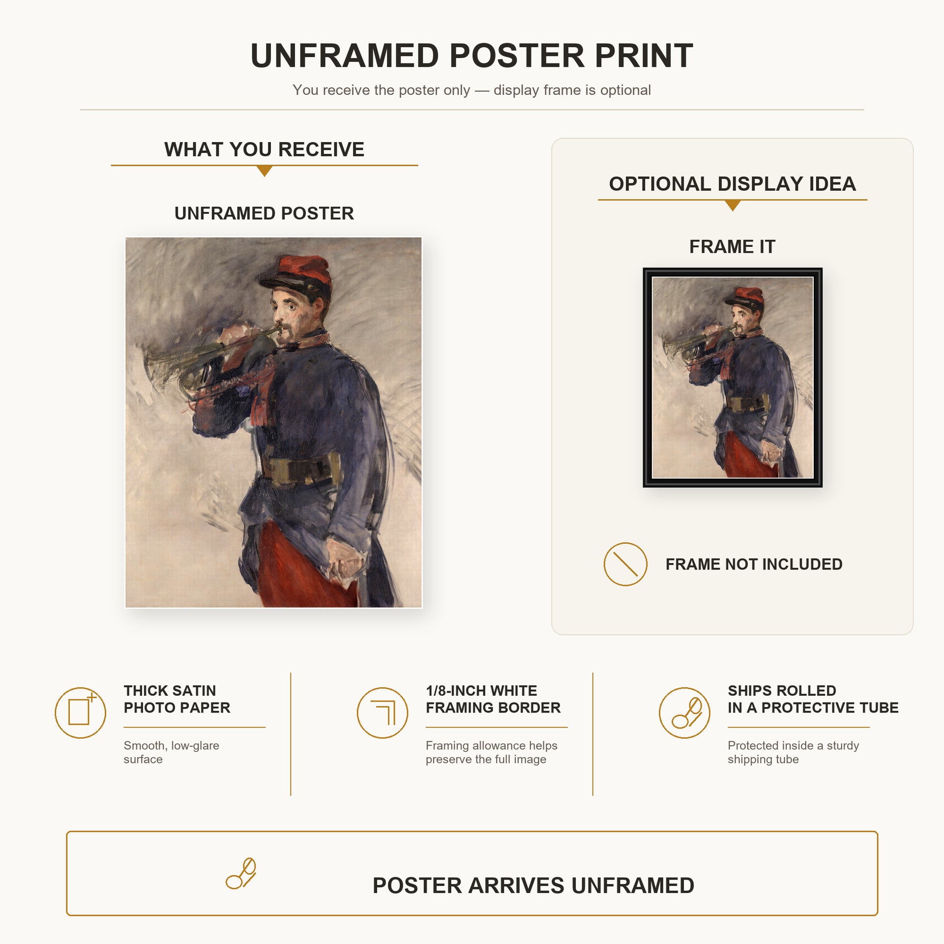Edouard Manet - The Bugler poster print size comparison and framing display infographic
