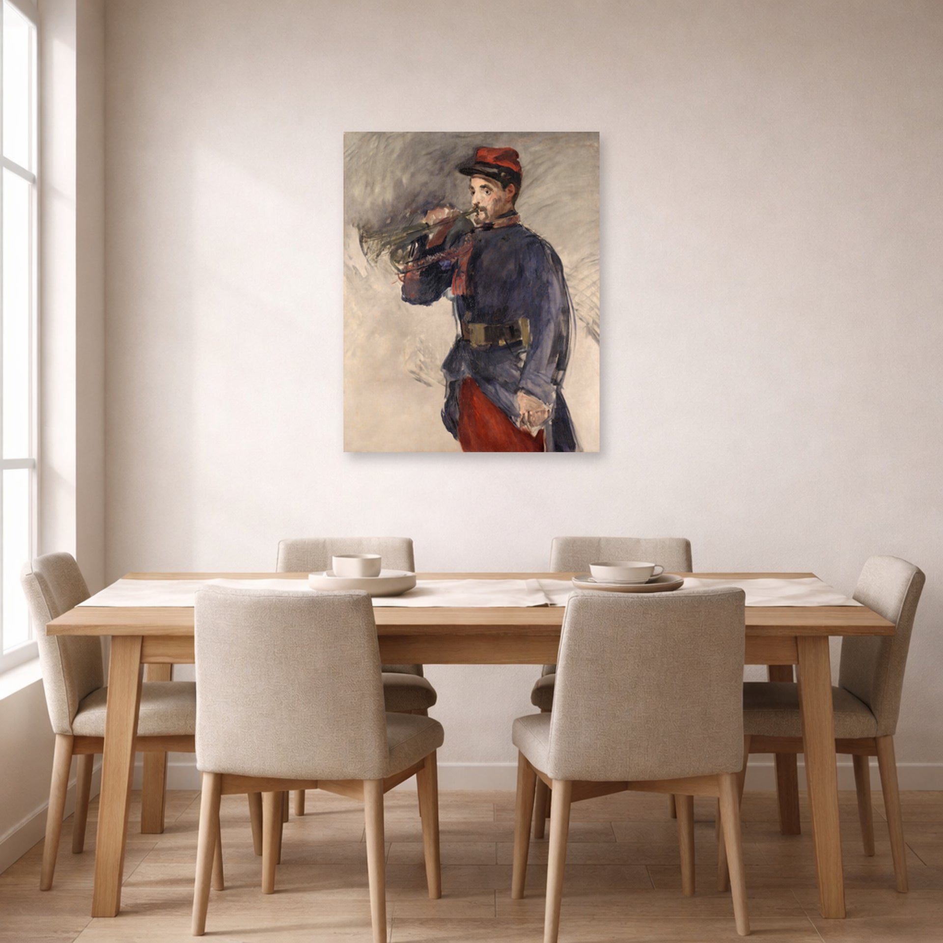 Unframed poster print of Edouard Manet's 'The Bugler' displayed on a wall in a dining room