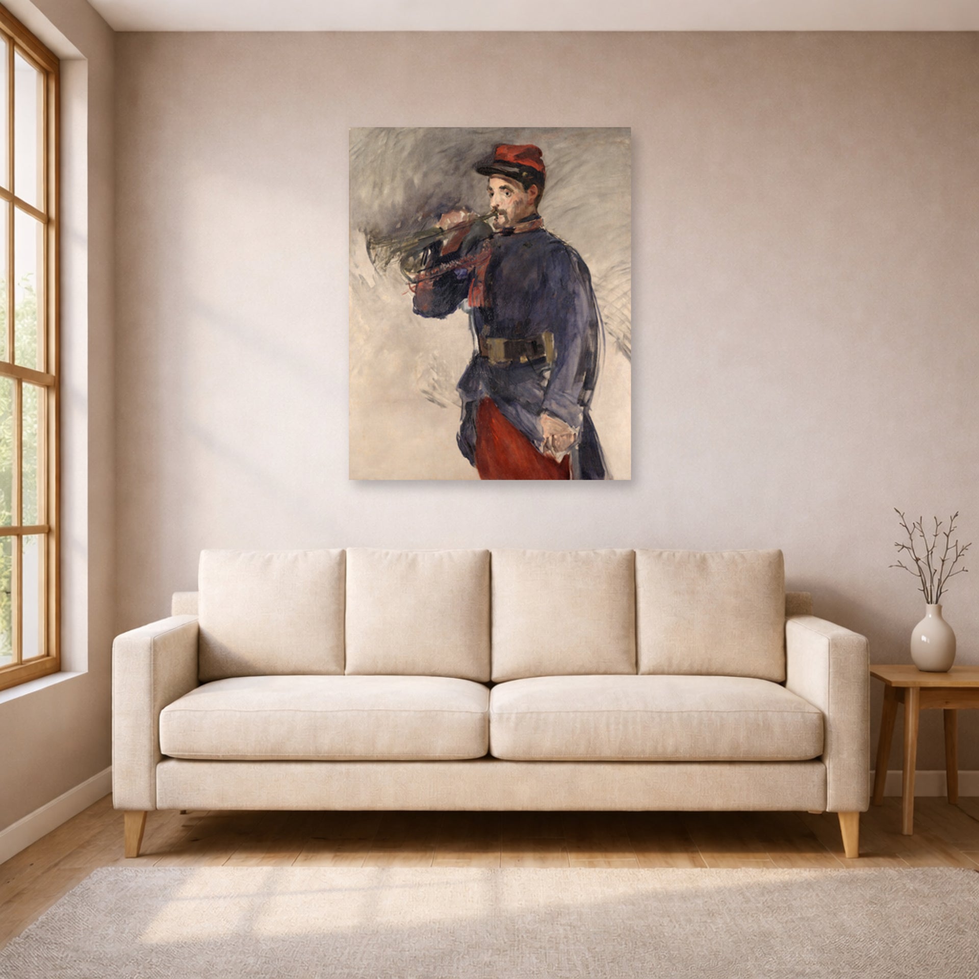 Unframed poster print of Edouard Manet's 'The Bugler' displayed on a wall in a living room