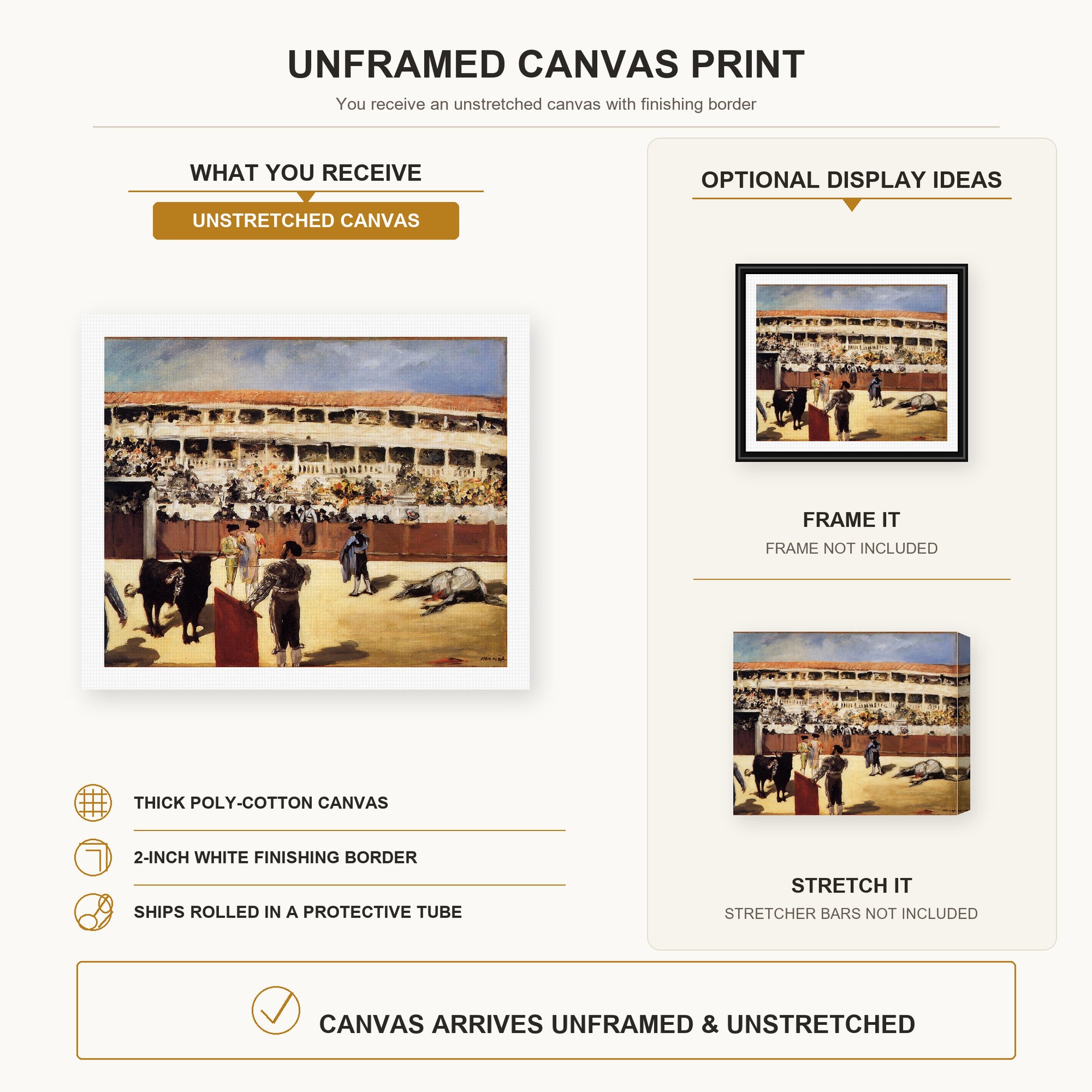Edouard Manet - The Bullfight canvas print size comparison and framing display infographic