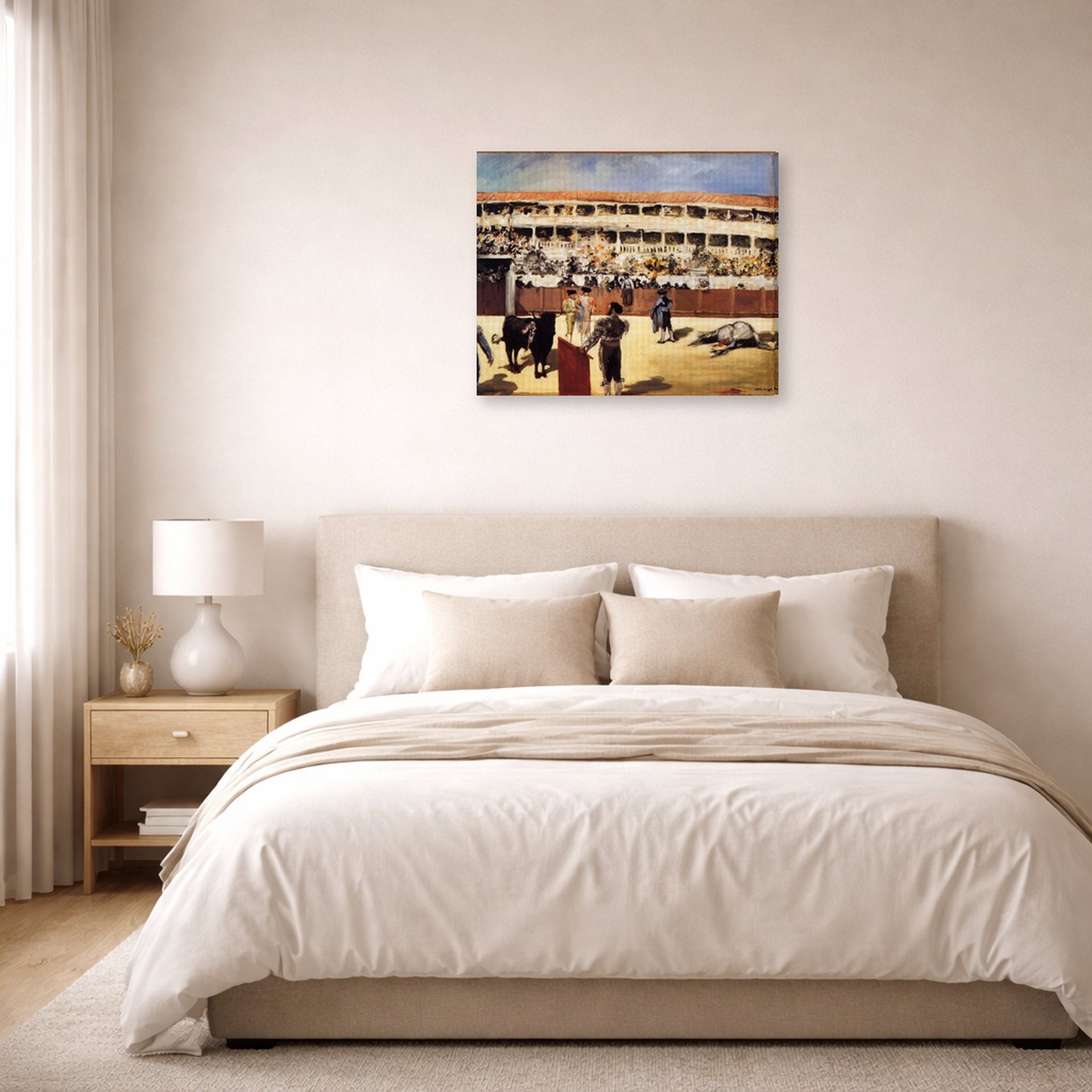 Gallery-wrapped canvas print of Edouard Manet's 'The Bullfight' displayed on a wall in a bedroom