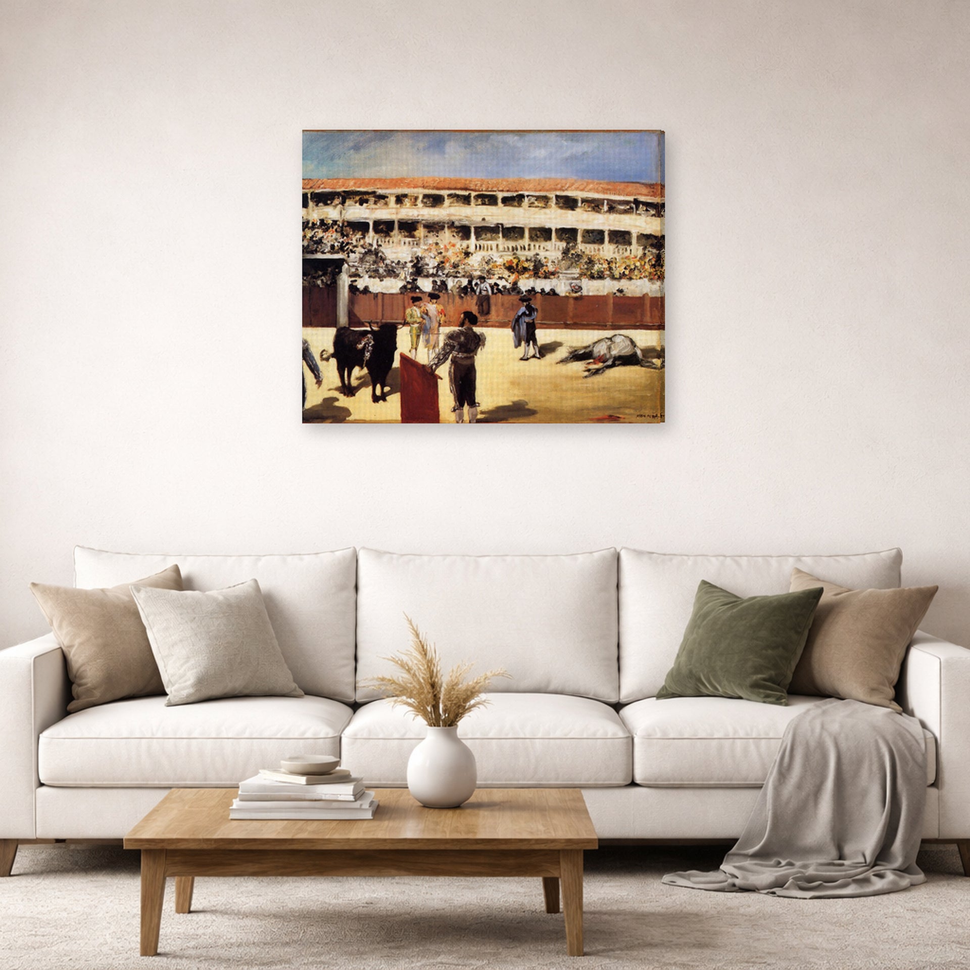 Gallery-wrapped canvas print of Edouard Manet's 'The Bullfight' displayed on a wall in a living room