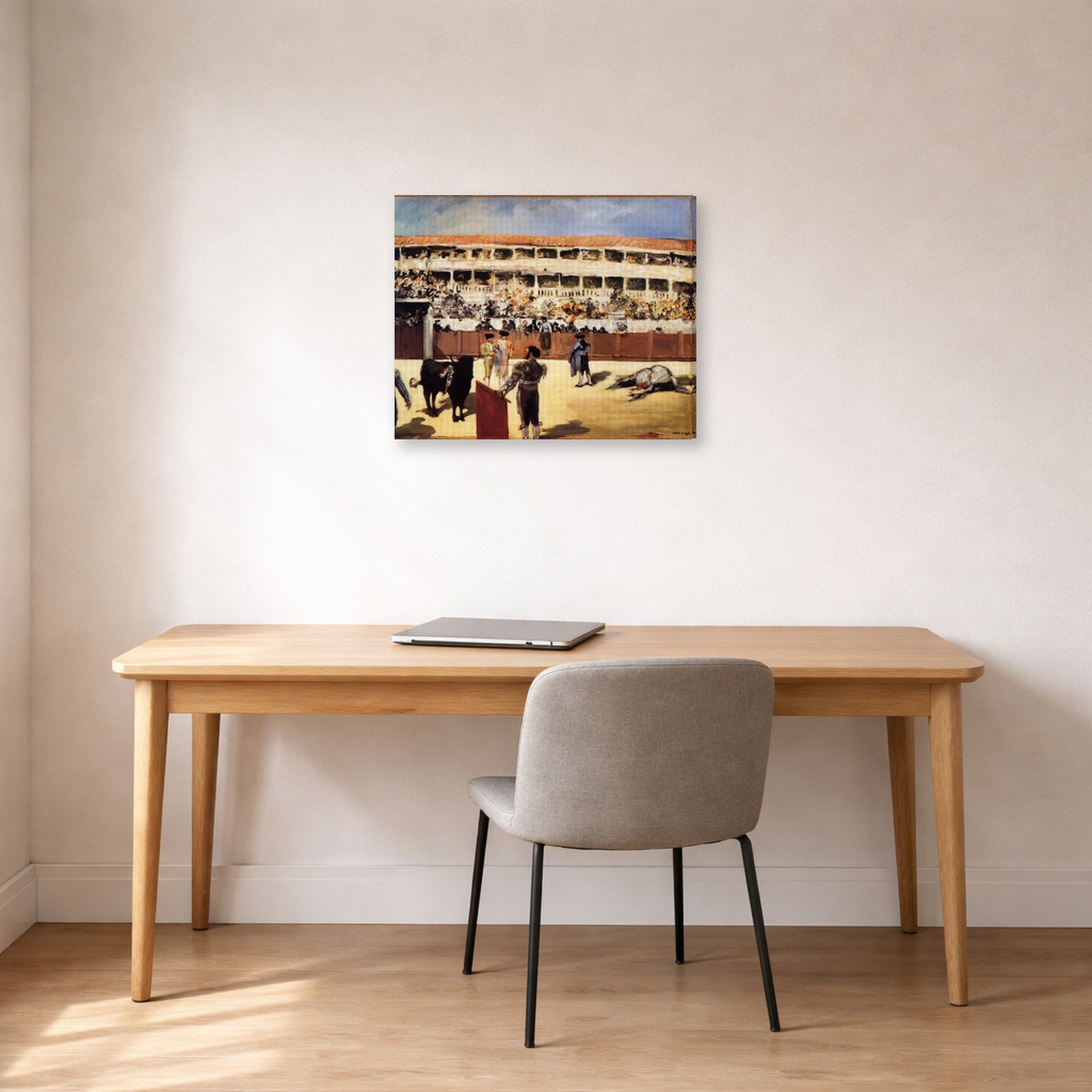 Gallery-wrapped canvas print of Edouard Manet's 'The Bullfight' displayed on a wall in a home office