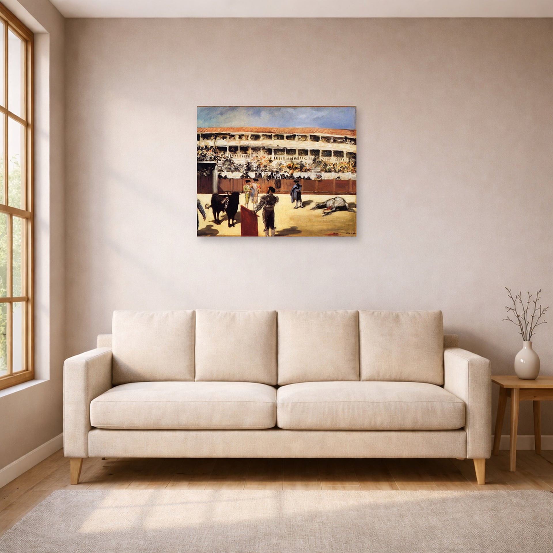 Unframed poster print of Edouard Manet's 'The Bullfight' displayed on a wall in a living room