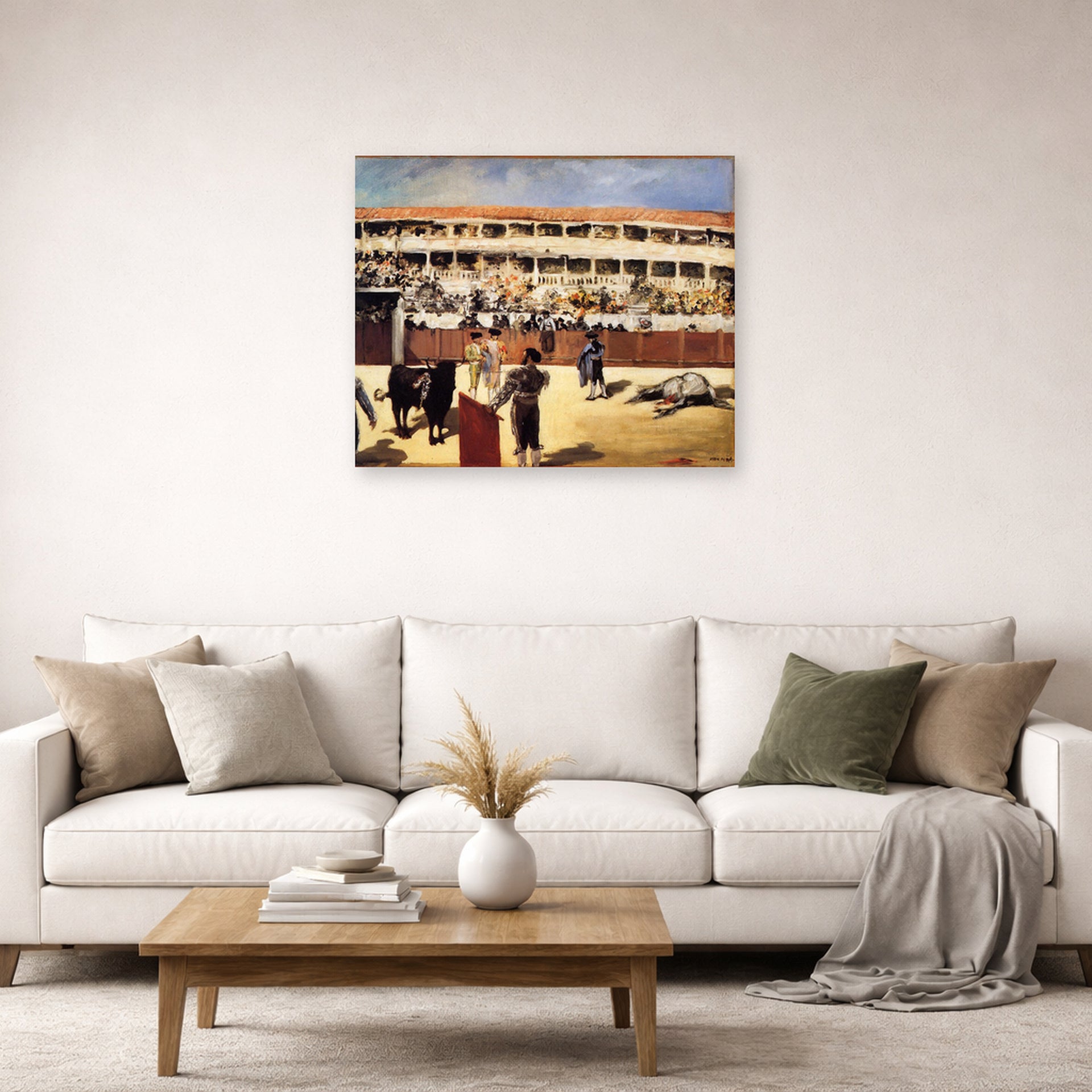Unframed poster print of Edouard Manet's 'The Bullfight' displayed on a wall in a living room