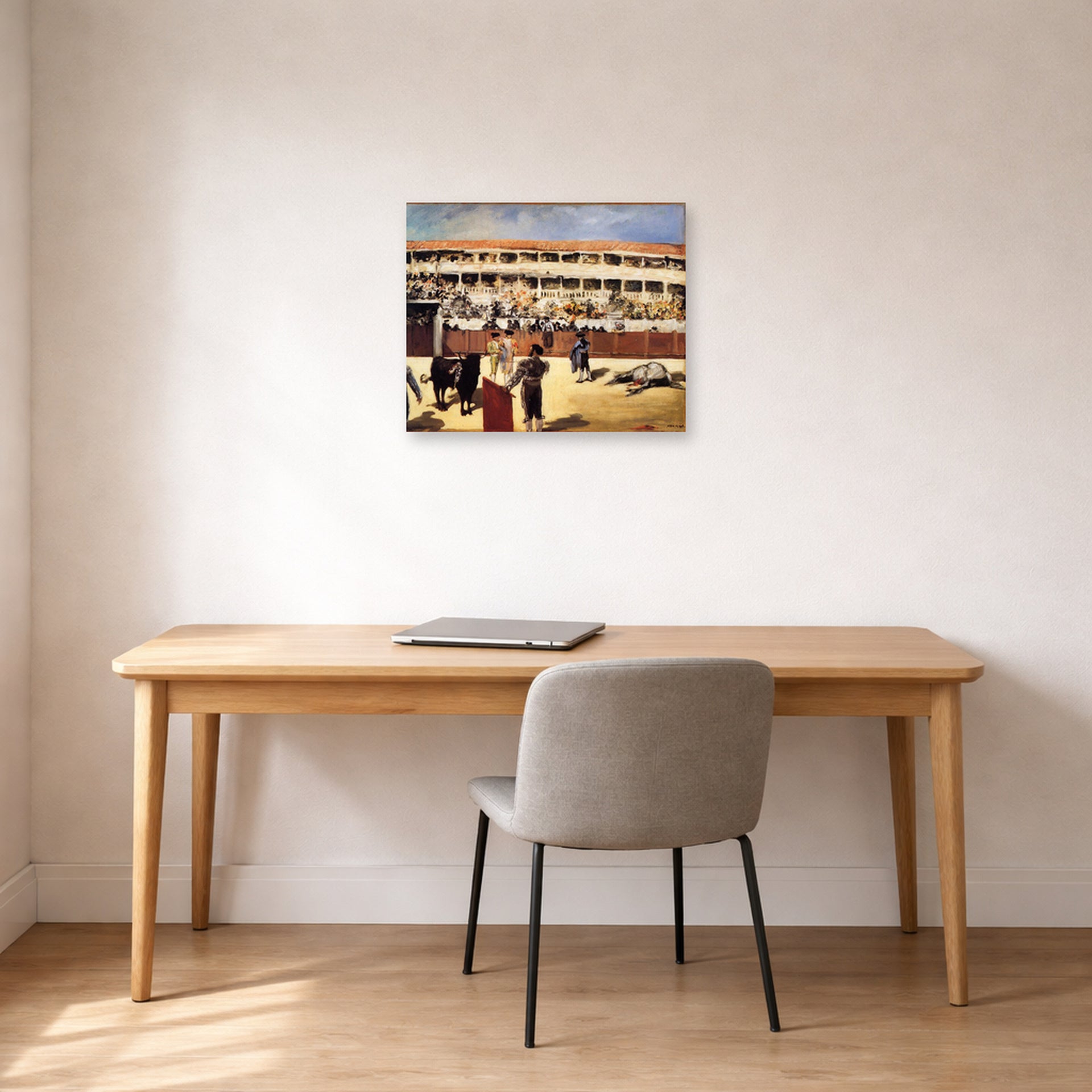Unframed poster print of Edouard Manet's 'The Bullfight' displayed on a wall in a home office