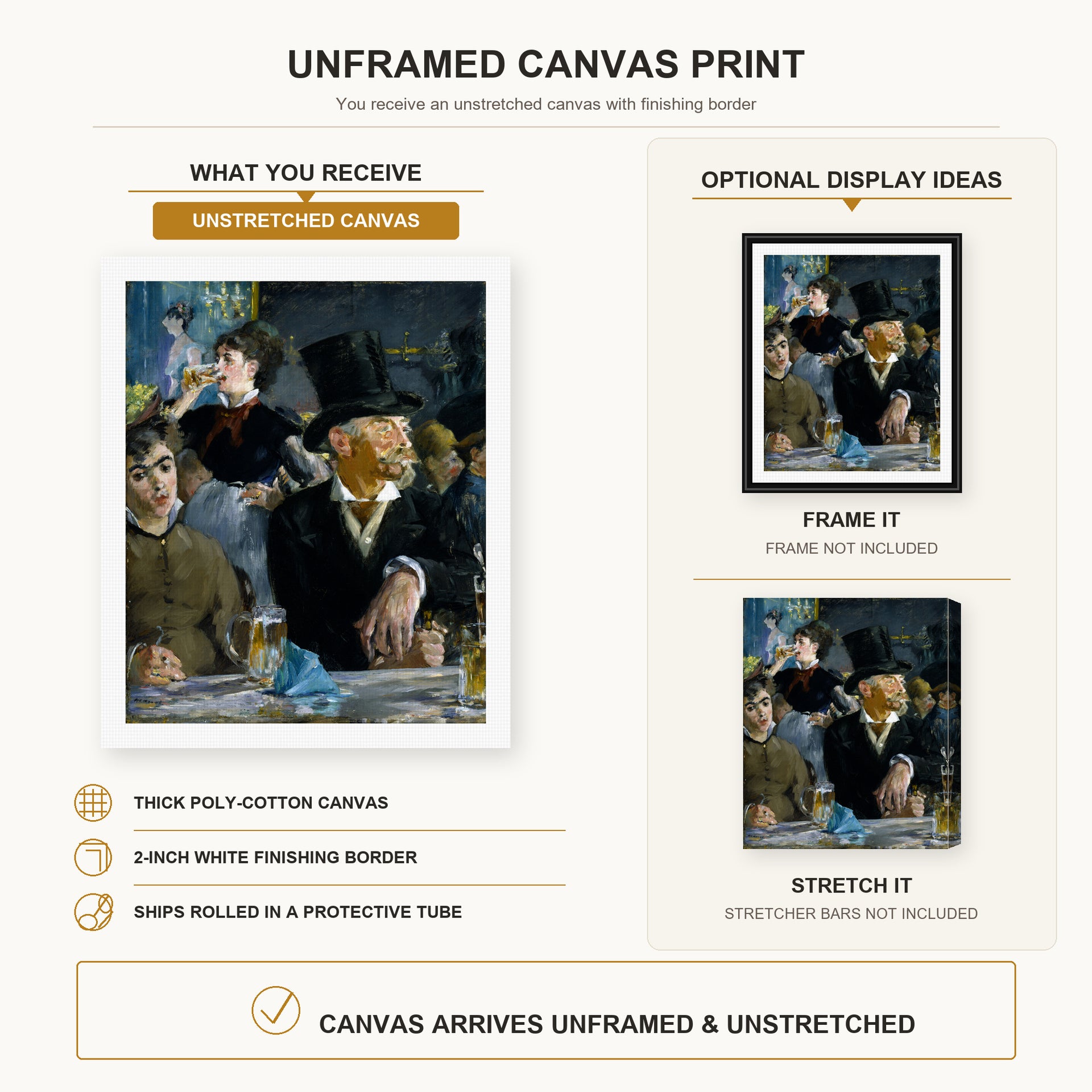 Edouard Manet - The Cafe Concert canvas print size comparison and framing display infographic
