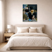 Gallery-wrapped canvas print of Edouard Manet's 'The Cafe Concert' displayed on a wall in a bedroom