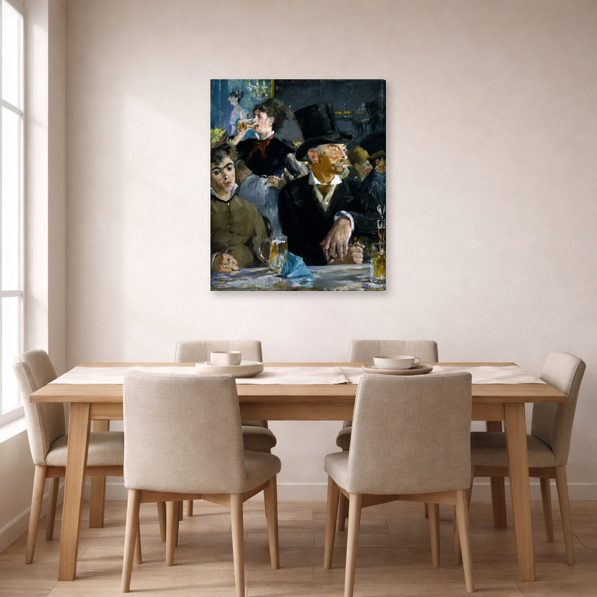 Gallery-wrapped canvas print of Edouard Manet's 'The Cafe Concert' displayed on a wall in a dining room
