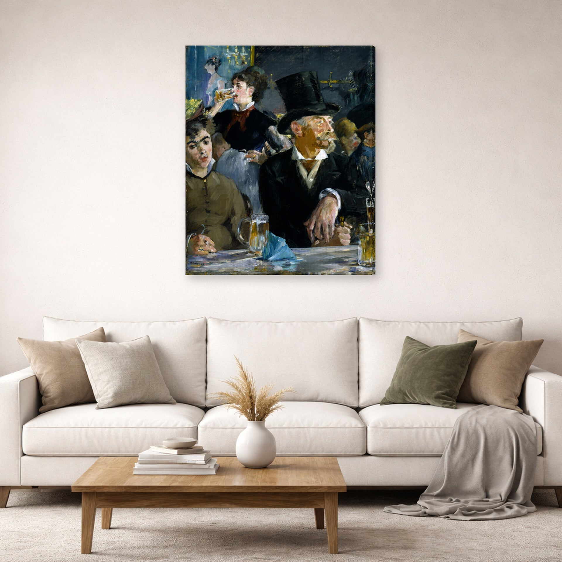 Gallery-wrapped canvas print of Edouard Manet's 'The Cafe Concert' displayed on a wall in a living room