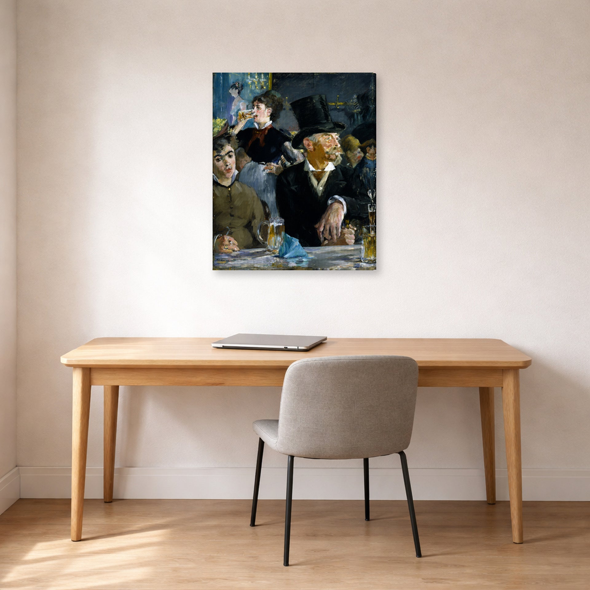 Gallery-wrapped canvas print of Edouard Manet's 'The Cafe Concert' displayed on a wall in a home office