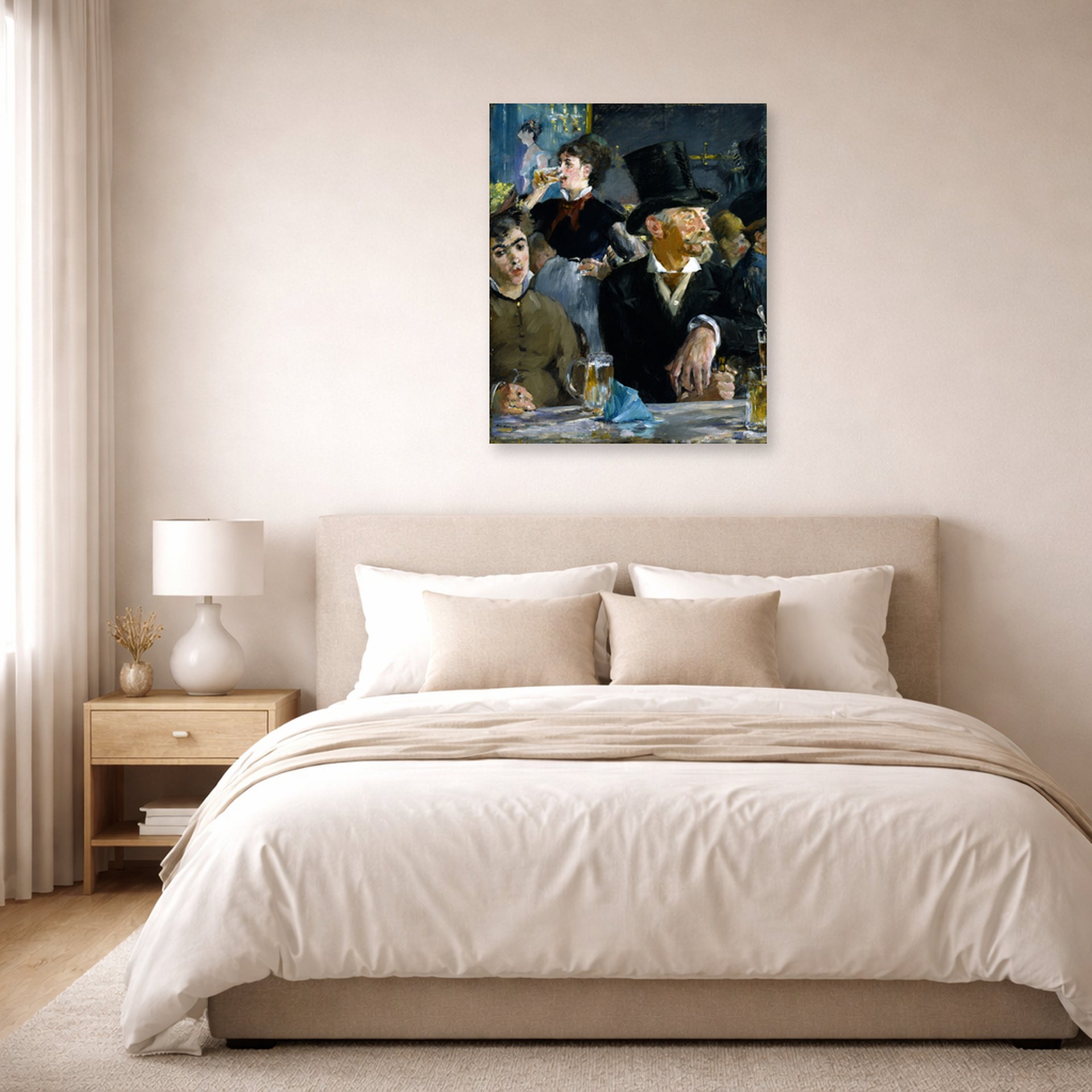 Unframed poster print of Edouard Manet's 'The Cafe Concert' displayed on a wall in a bedroom