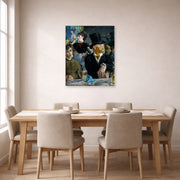 Unframed poster print of Edouard Manet's 'The Cafe Concert' displayed on a wall in a dining room