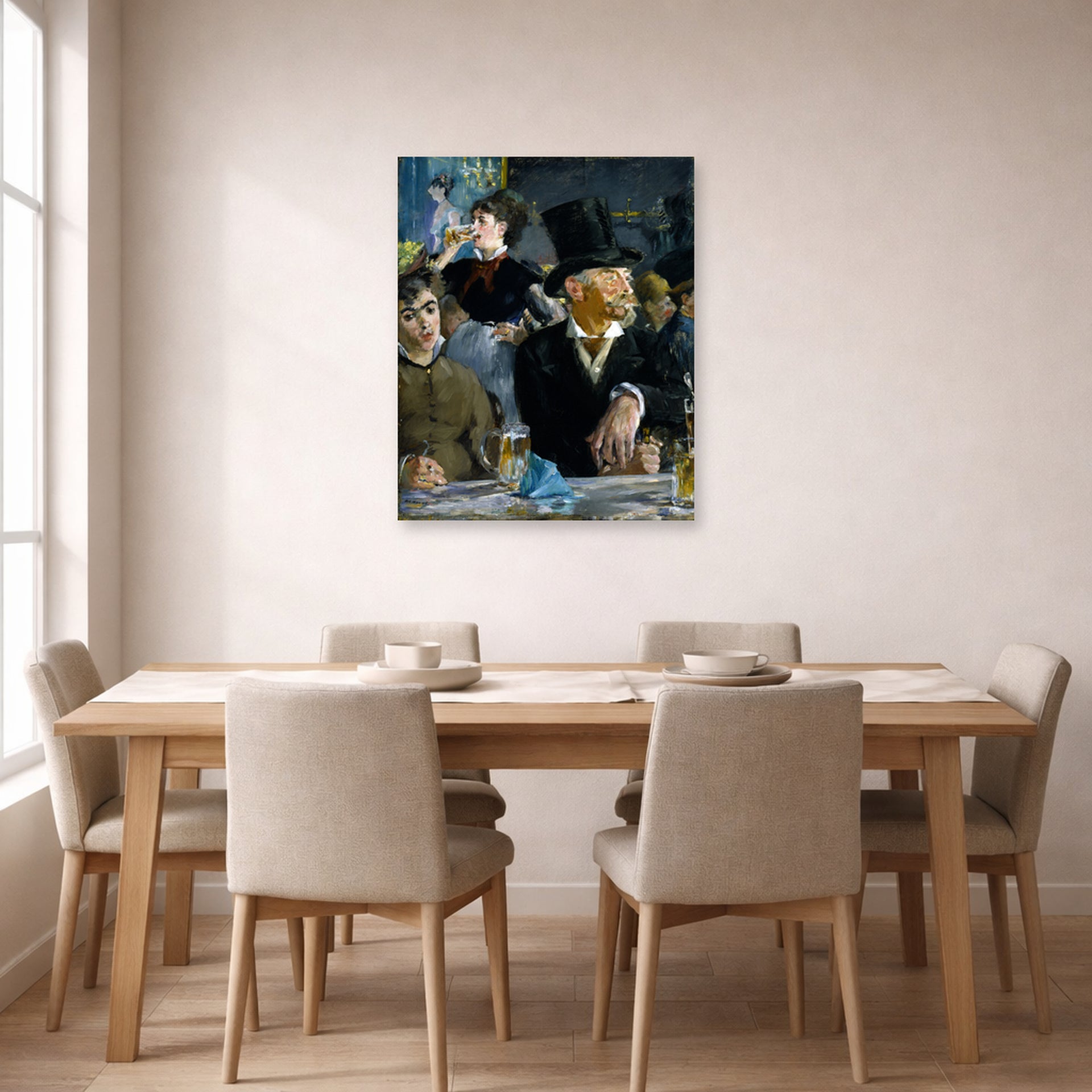 Unframed poster print of Edouard Manet's 'The Cafe Concert' displayed on a wall in a dining room