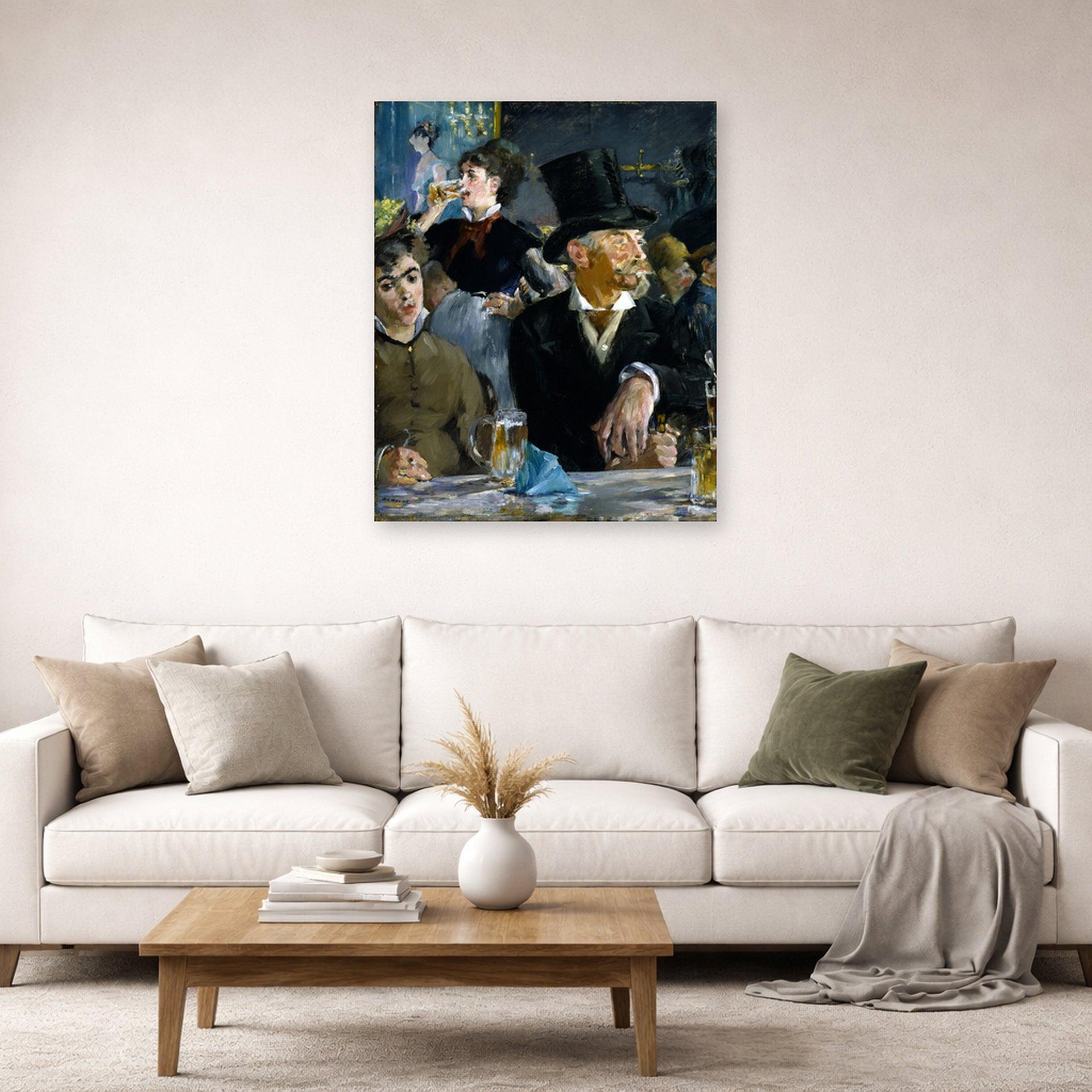 Unframed poster print of Edouard Manet's 'The Cafe Concert' displayed on a wall in a living room