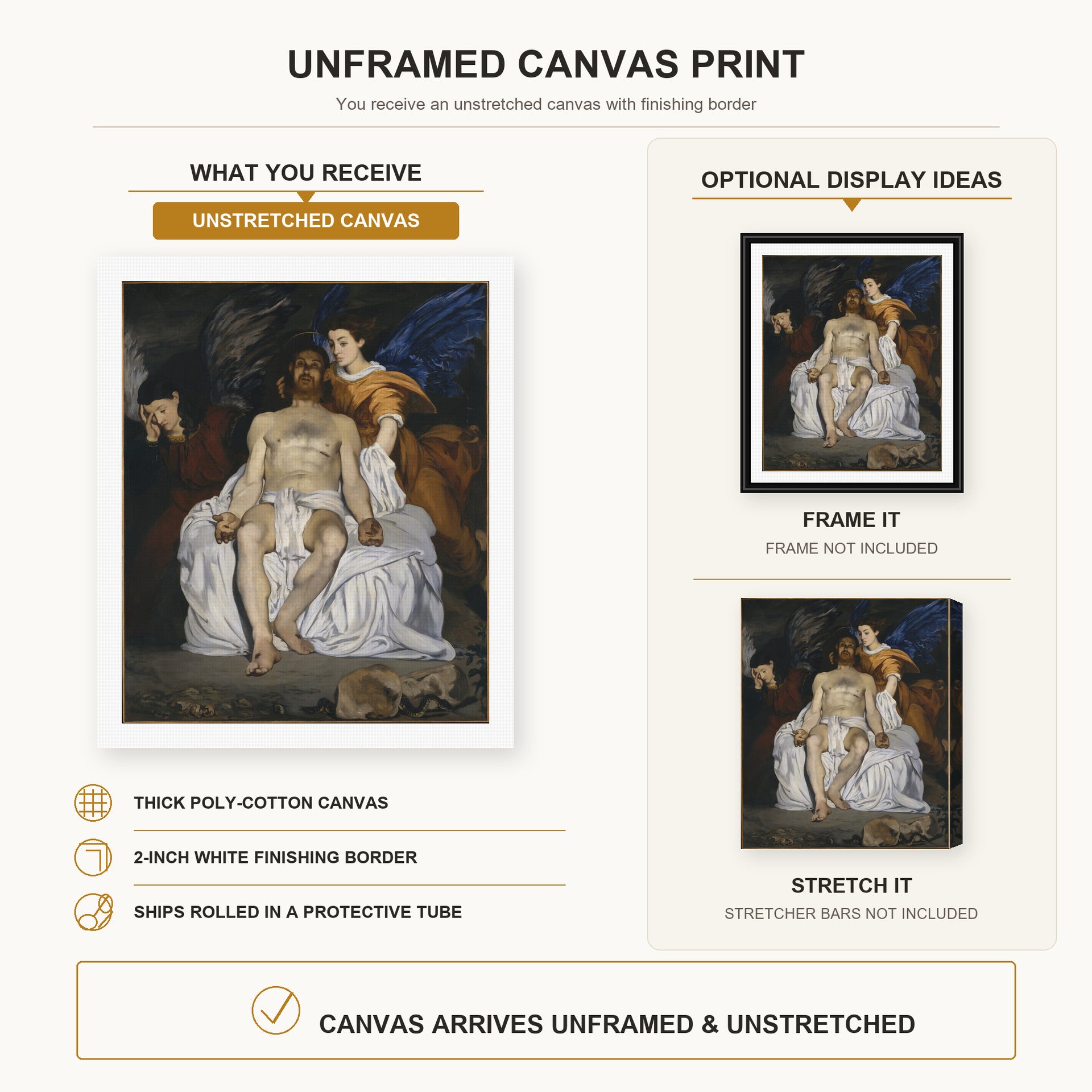 Edouard Manet - The Dead Christ with Angels canvas print size comparison and framing display infographic