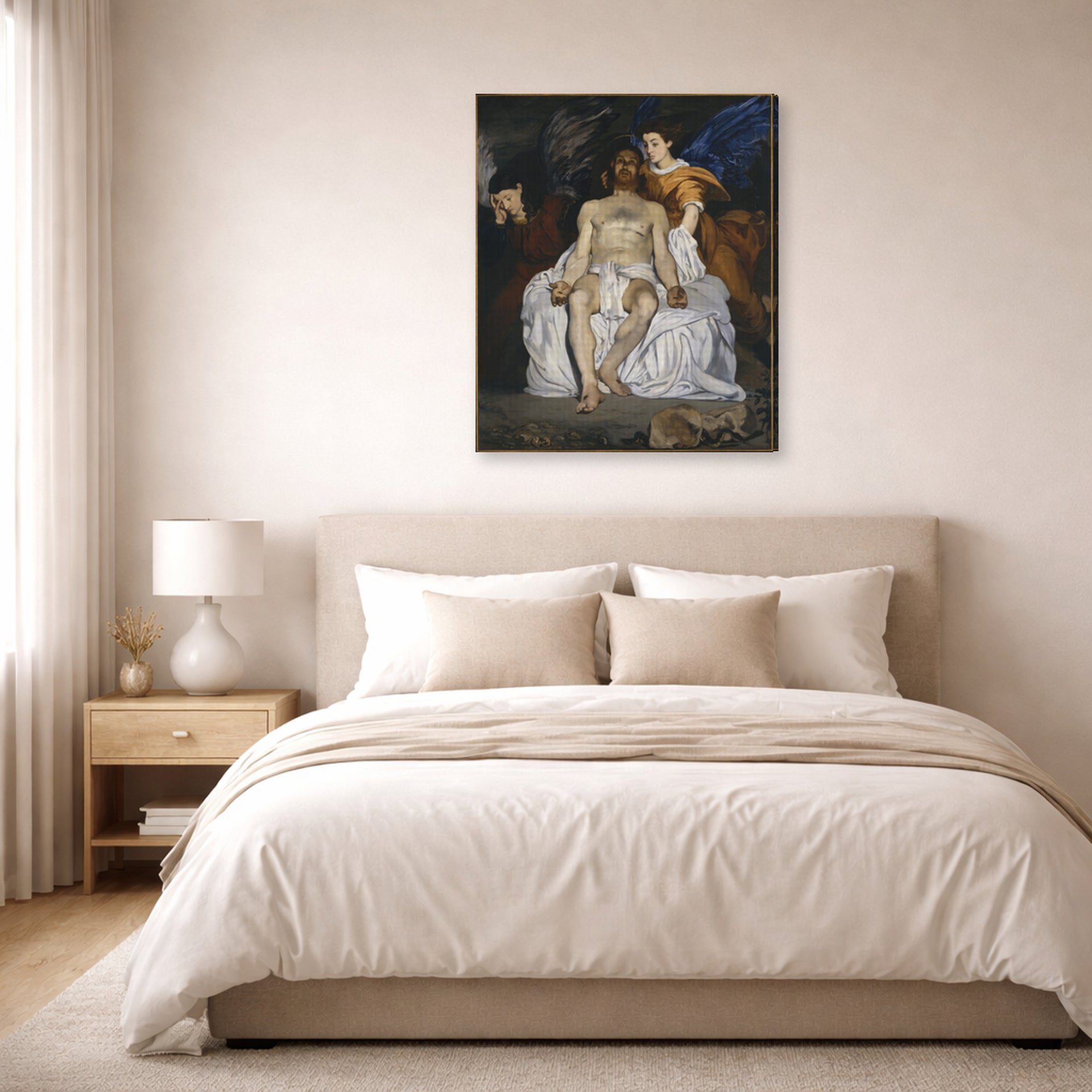 Gallery-wrapped canvas print of Edouard Manet's 'The Dead Christ with Angels' displayed on a wall in a bedroom