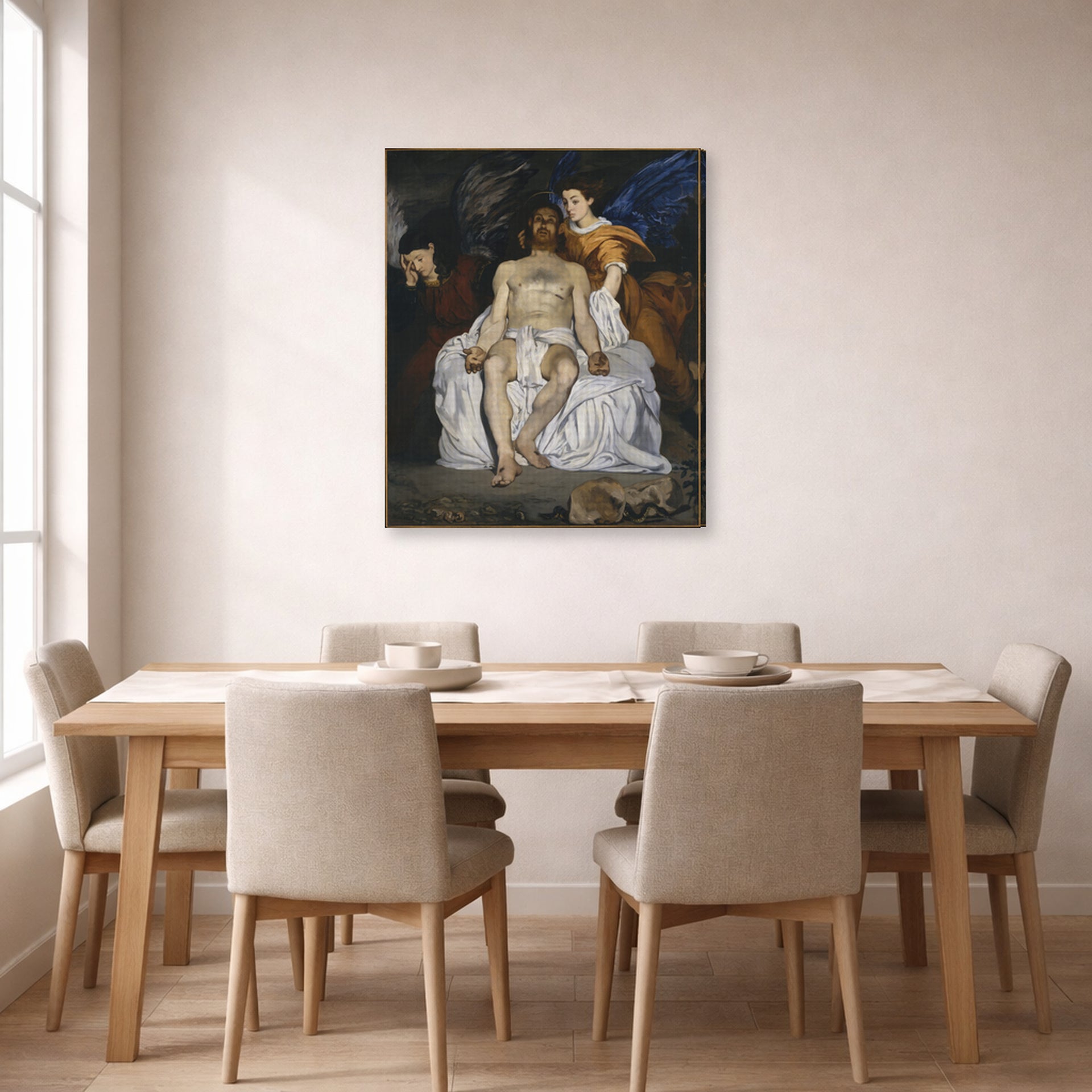 Gallery-wrapped canvas print of Edouard Manet's 'The Dead Christ with Angels' displayed on a wall in a dining room
