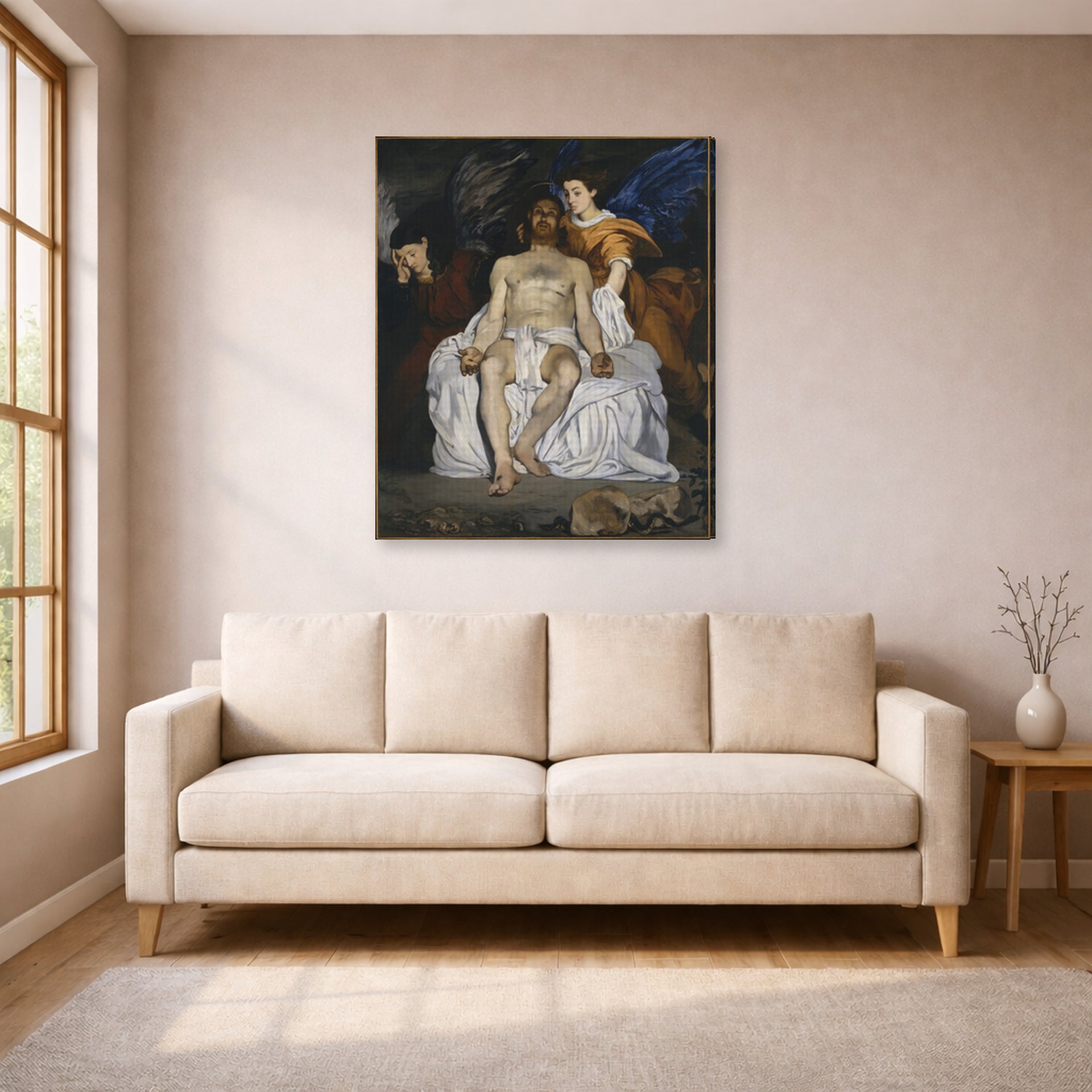 Gallery-wrapped canvas print of Edouard Manet's 'The Dead Christ with Angels' displayed on a wall in a living room