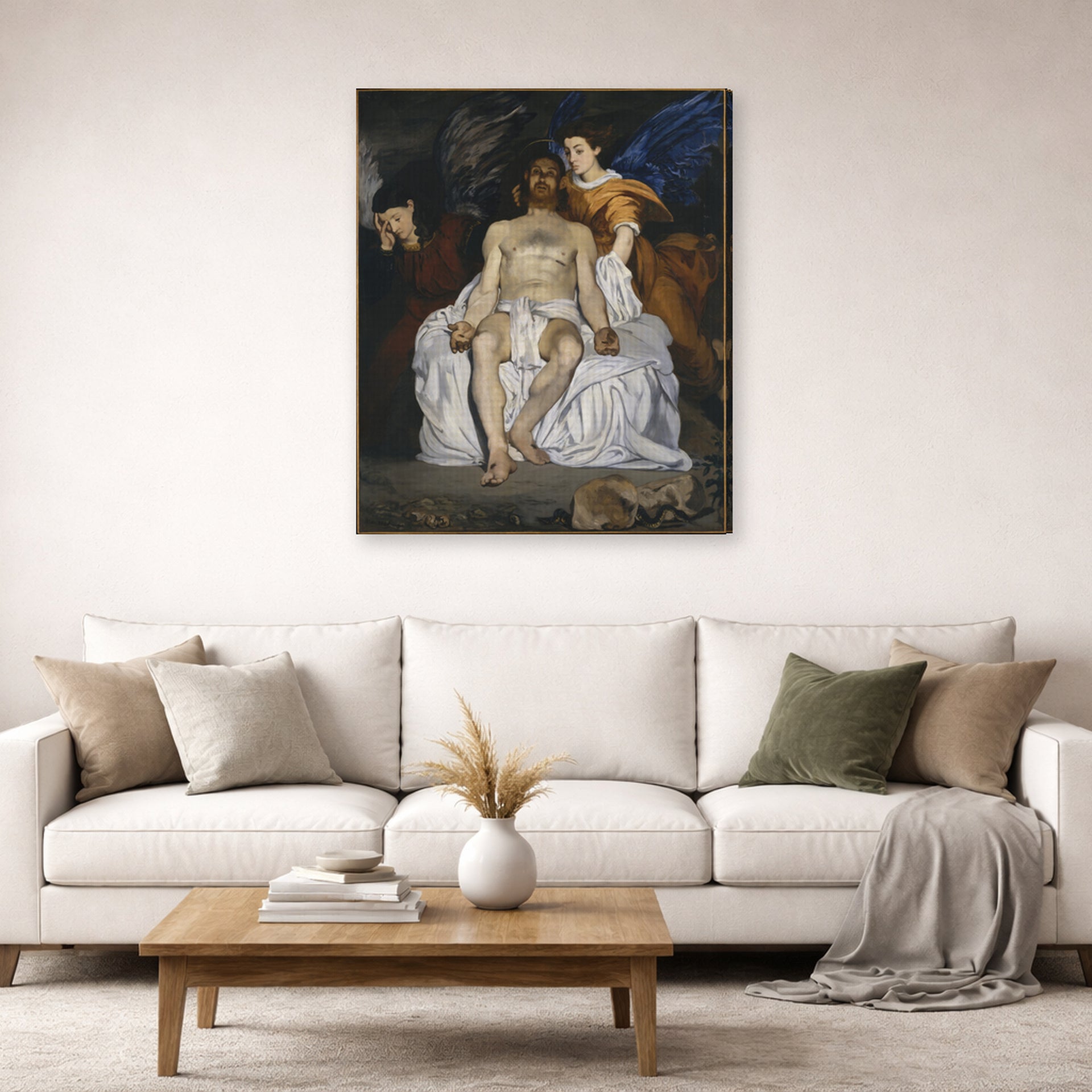 Gallery-wrapped canvas print of Edouard Manet's 'The Dead Christ with Angels' displayed on a wall in a living room
