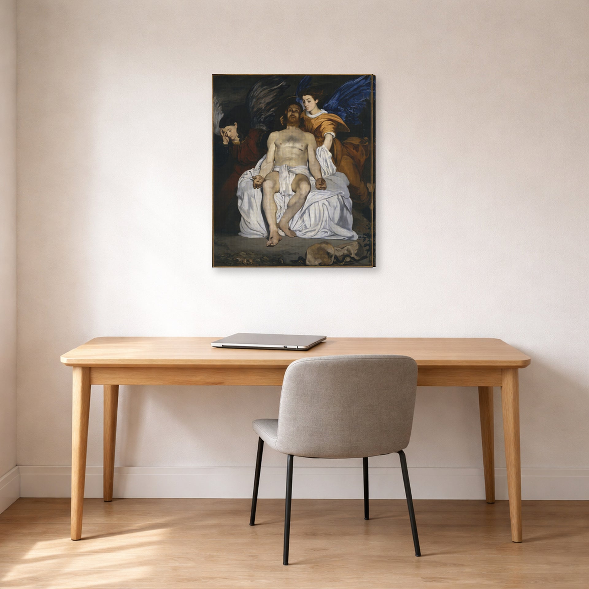 Gallery-wrapped canvas print of Edouard Manet's 'The Dead Christ with Angels' displayed on a wall in a home office