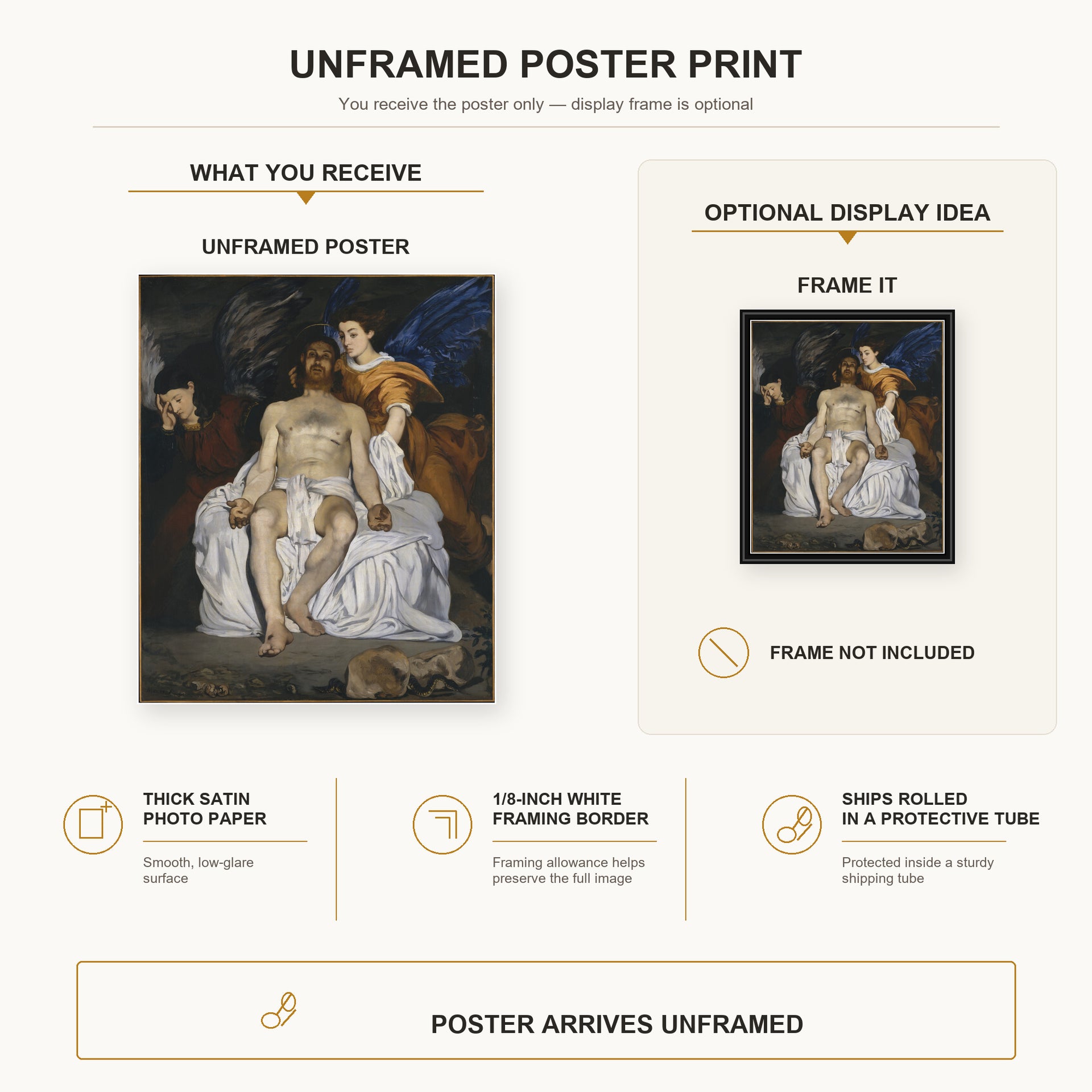 Edouard Manet - The Dead Christ with Angels poster print size comparison and framing display infographic